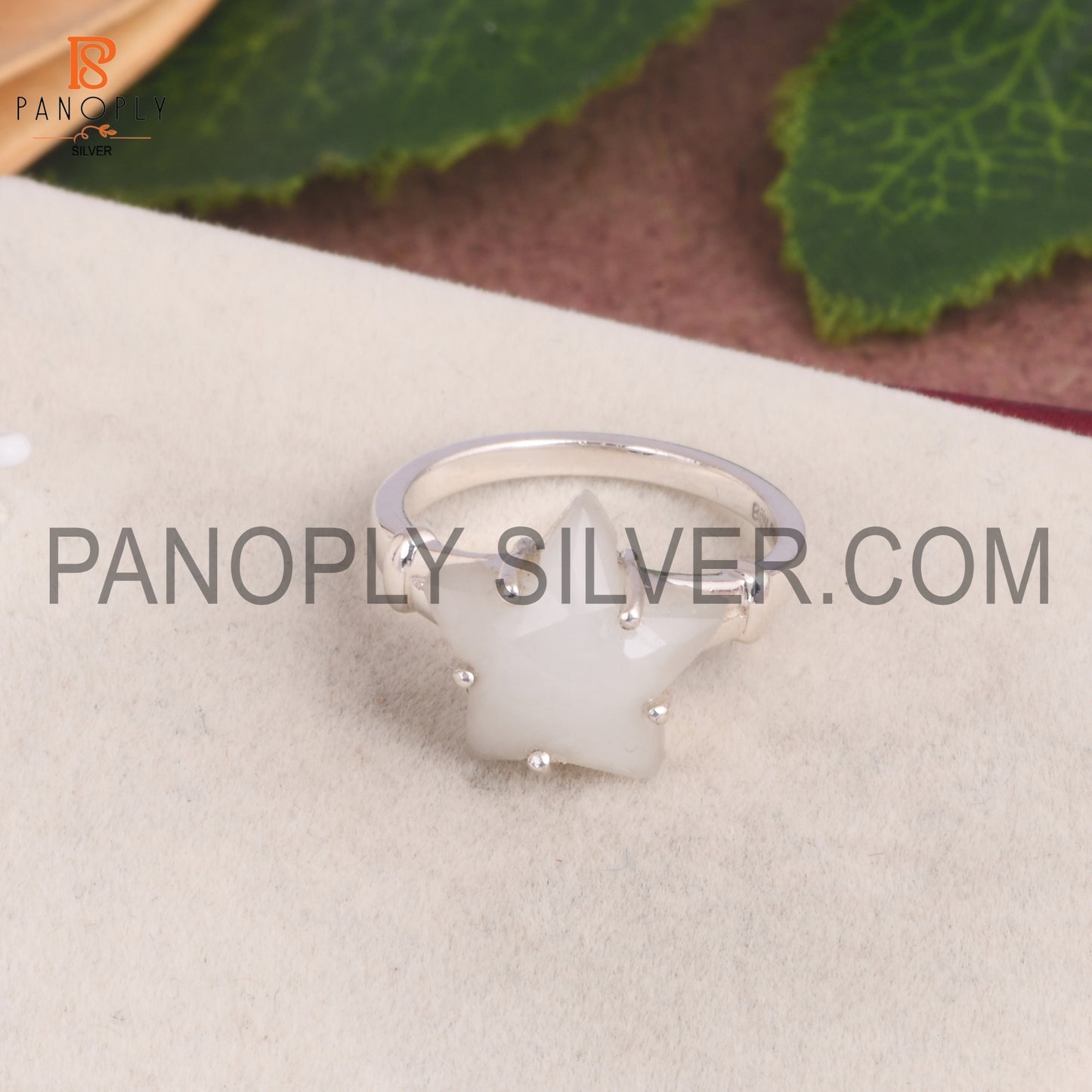 White Moonstone Gemstone 925 Silver Star Split Band Ring