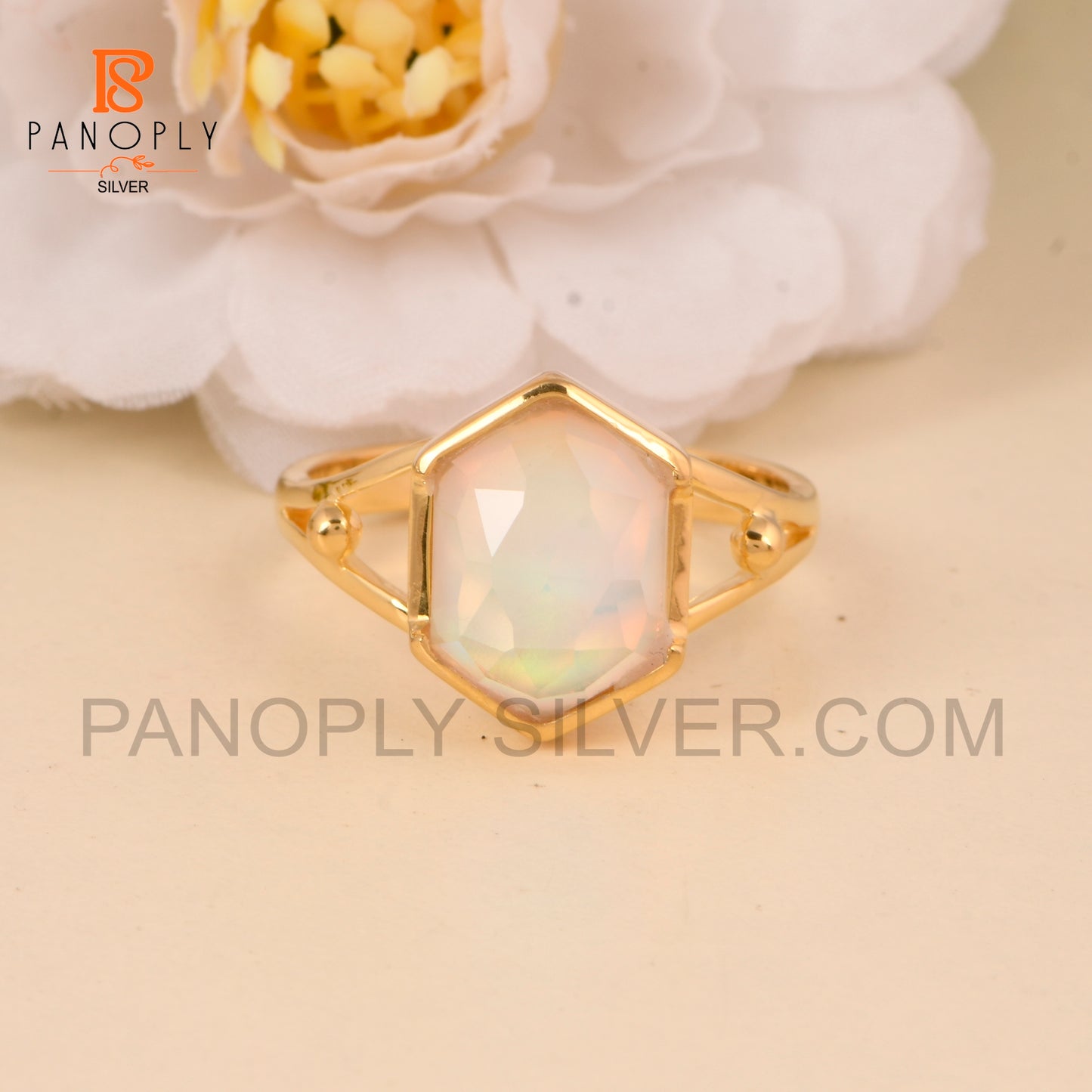 Split Band Aurora Opal White 18k Gold Plated Wedding Band Ring
