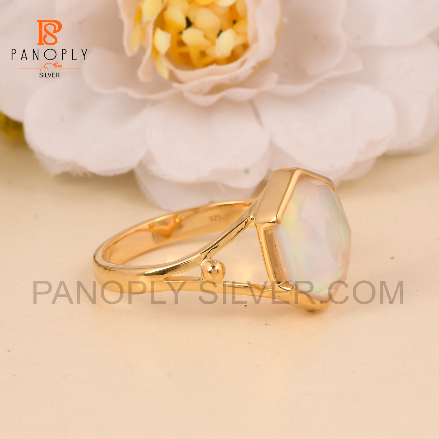 Split Band Aurora Opal White 18k Gold Plated Wedding Band Ring
