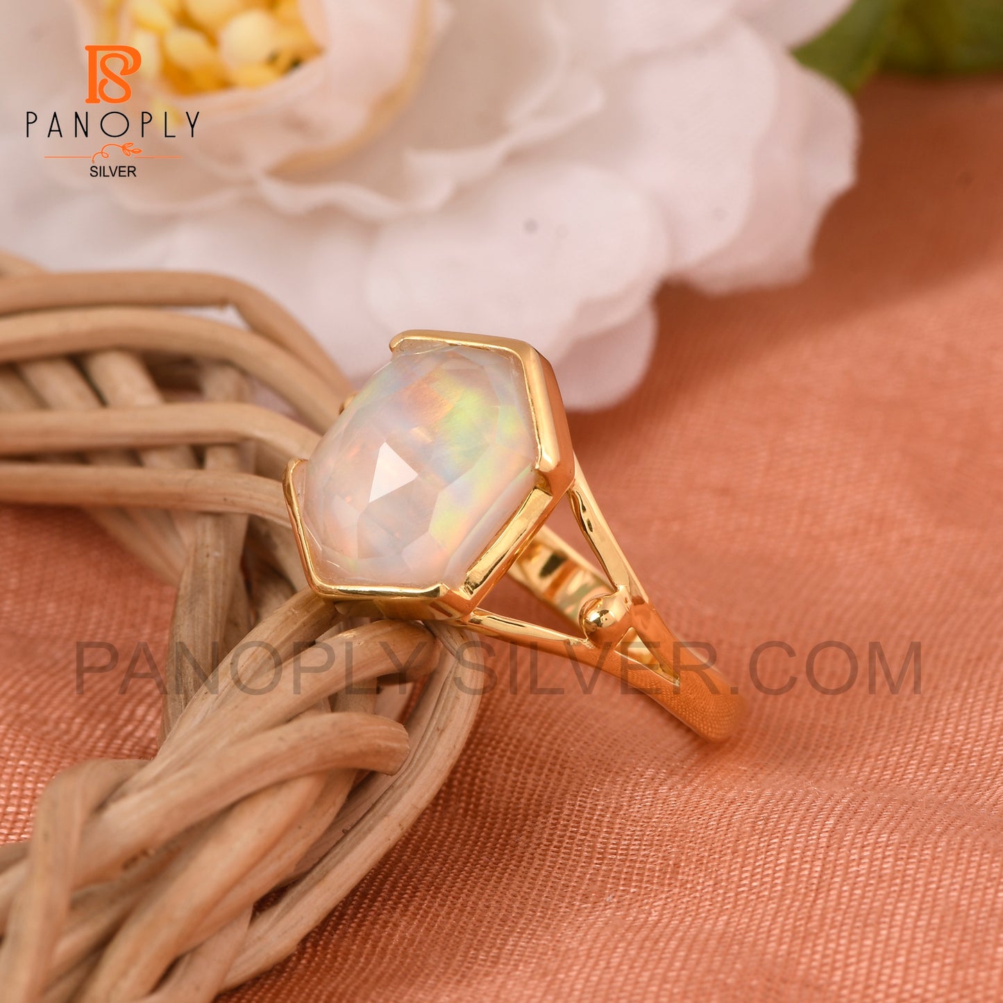Split Band Aurora Opal White 18k Gold Plated Wedding Band Ring