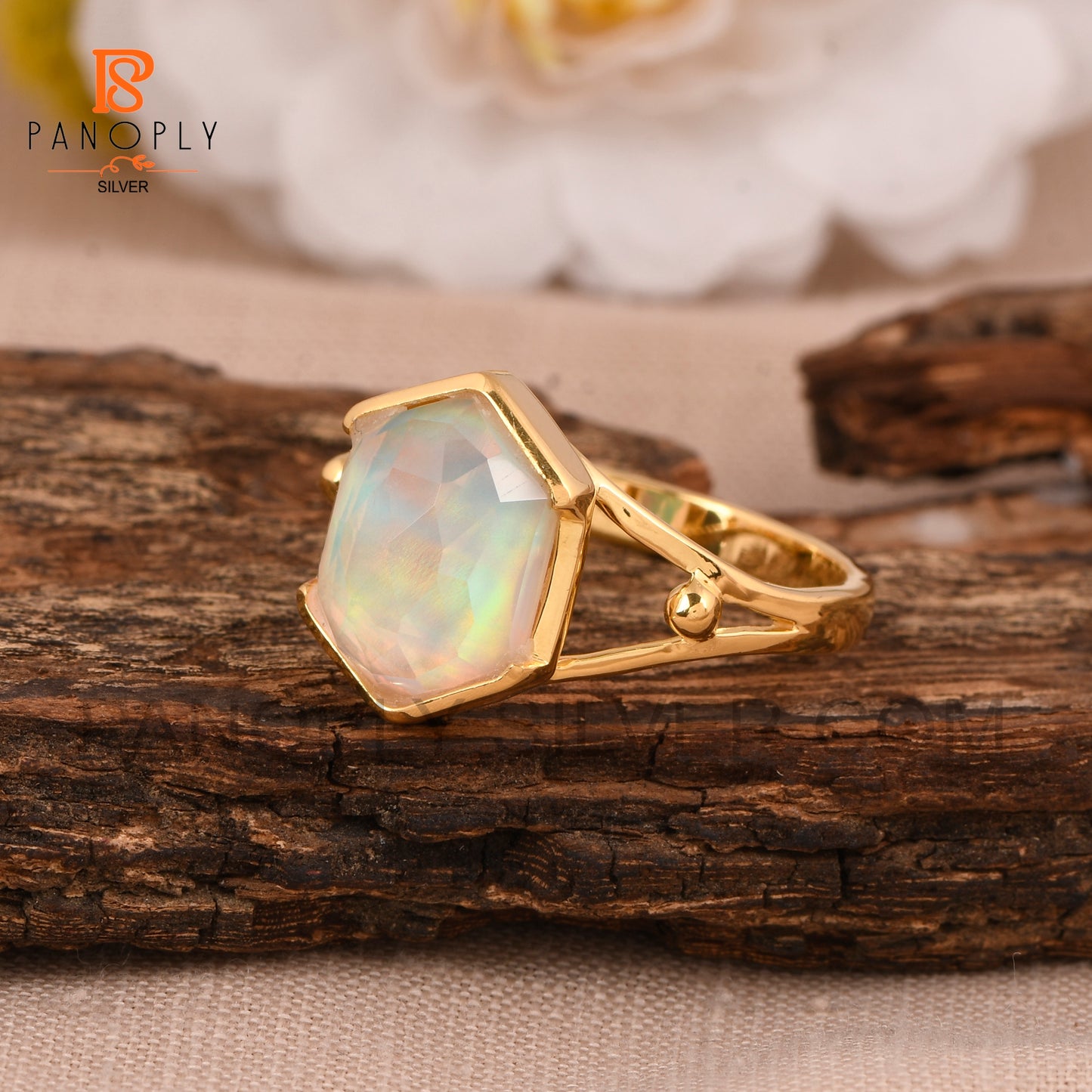 Split Band Aurora Opal White 18k Gold Plated Wedding Band Ring
