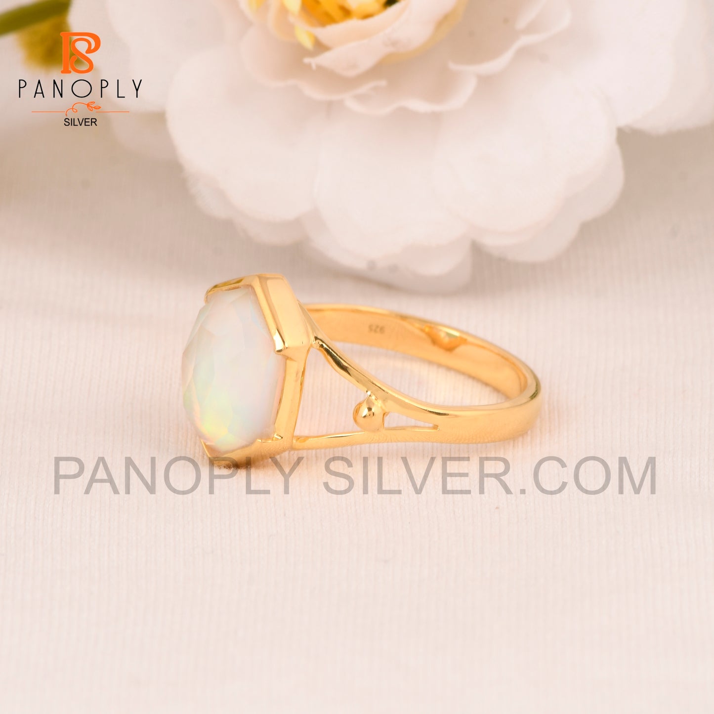 Split Band Aurora Opal White 18k Gold Plated Wedding Band Ring