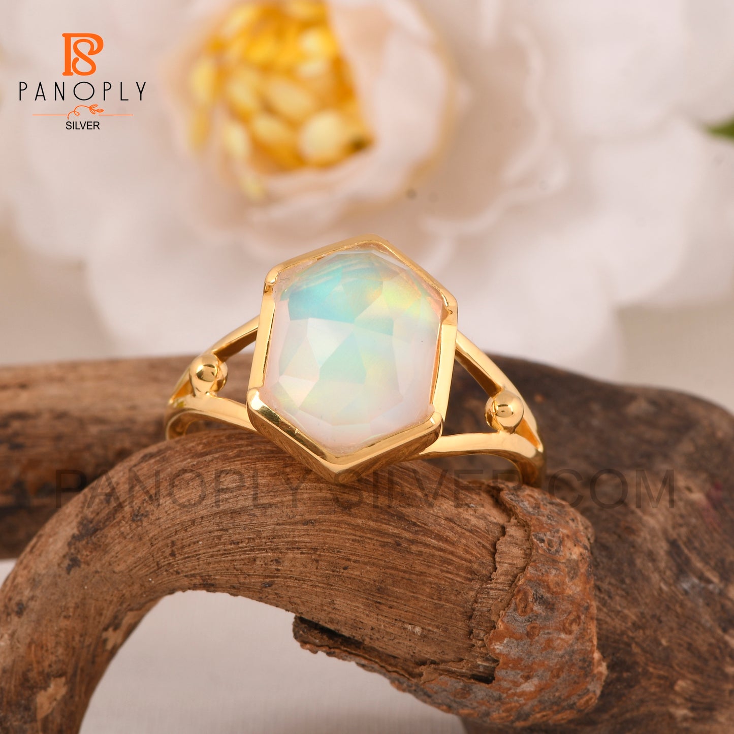 Split Band Aurora Opal White 18k Gold Plated Wedding Band Ring
