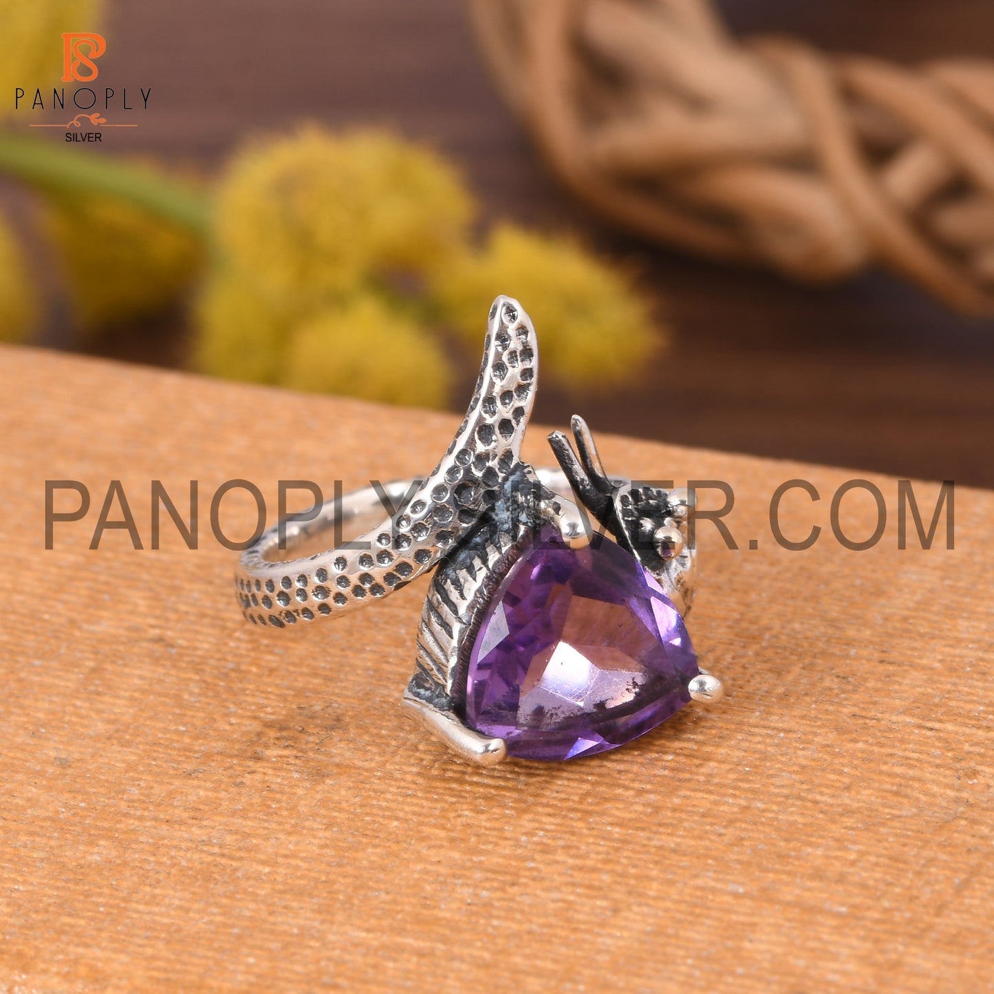Amethyst Stone Trillion Shape Hammered Band Prong Ring