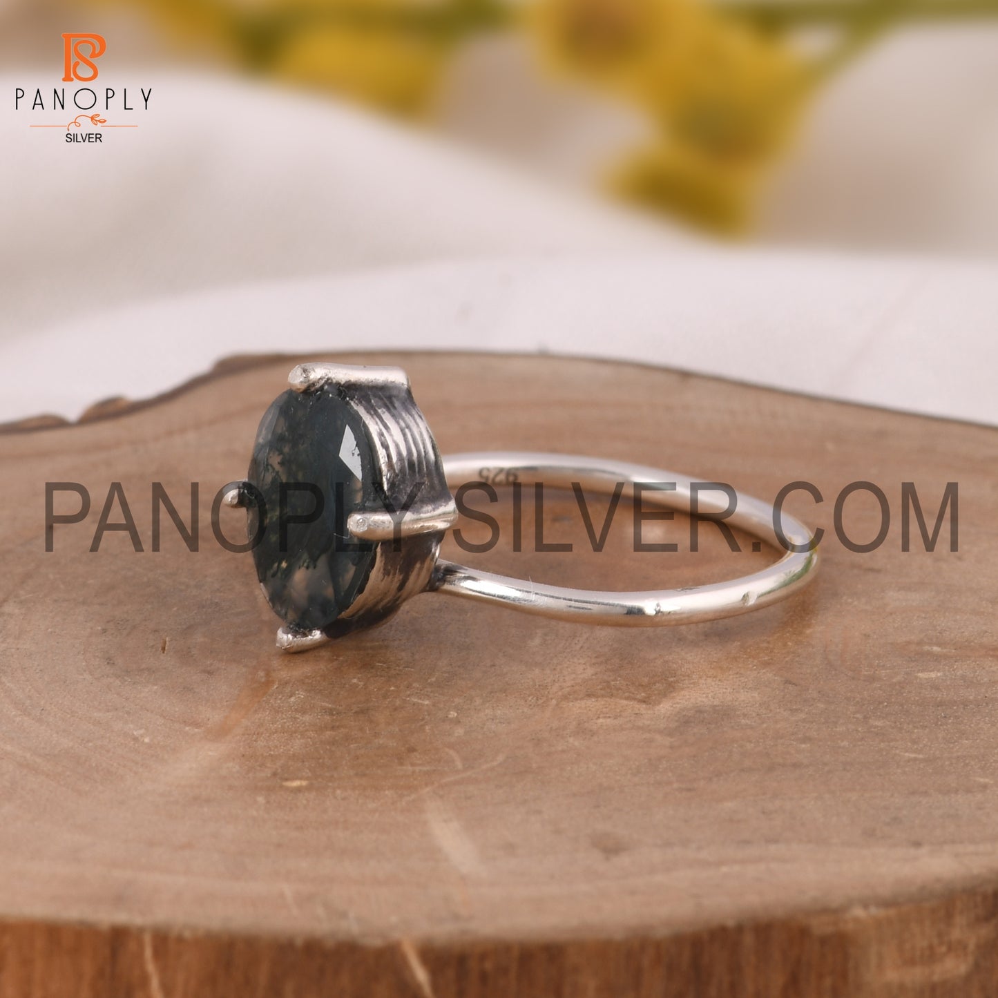 Moss Agate Oval Prong Set Ring For Girls