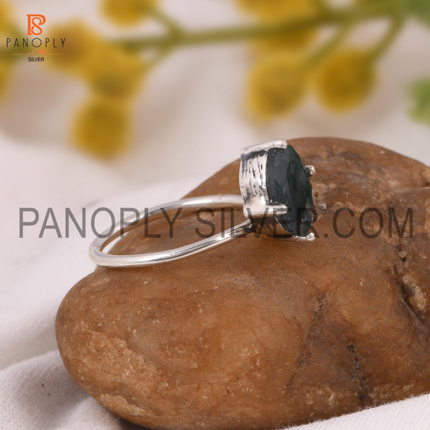 Moss Agate Oval Prong Set Ring For Girls