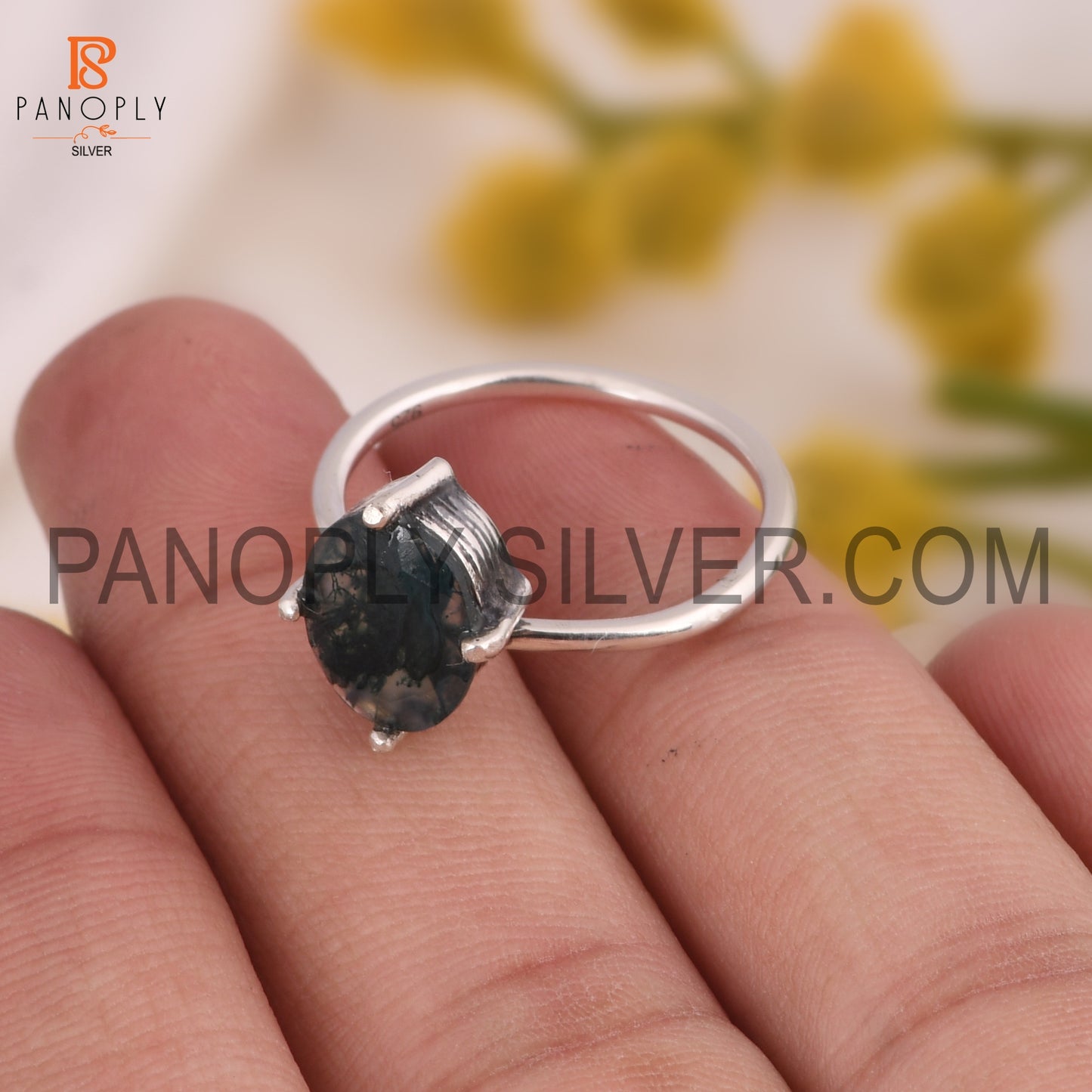 Moss Agate Oval Prong Set Ring For Girls