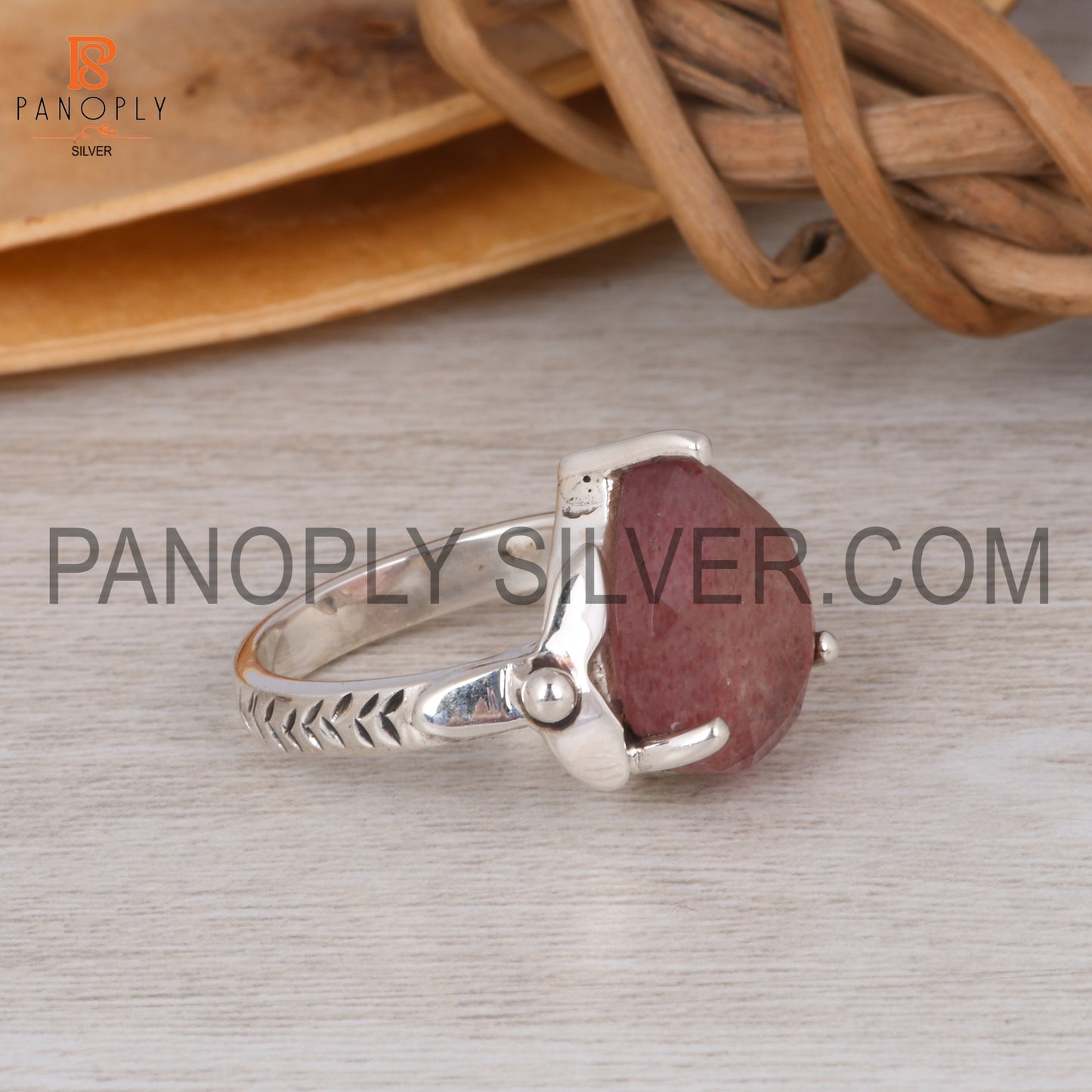 Strawberry Quartz Leaf Band Pear Shape Engagement Ring