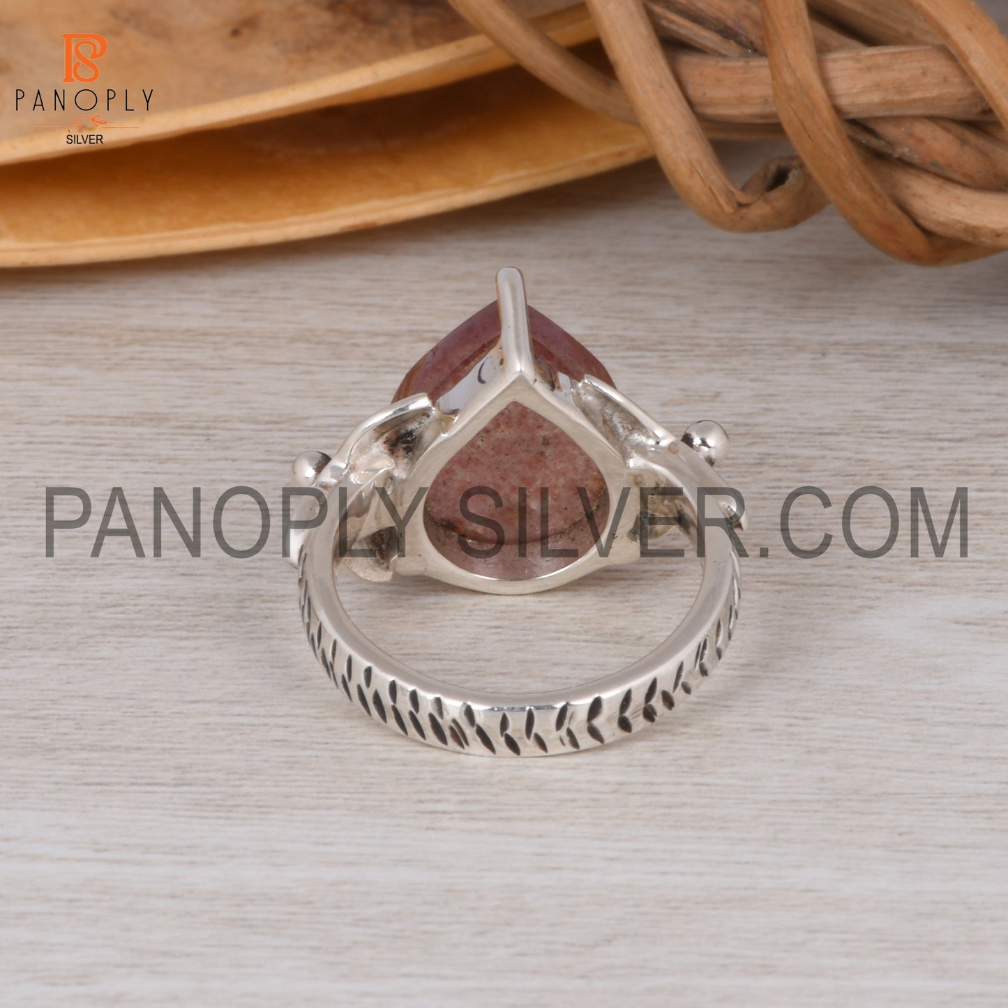 Strawberry Quartz Leaf Band Pear Shape Engagement Ring