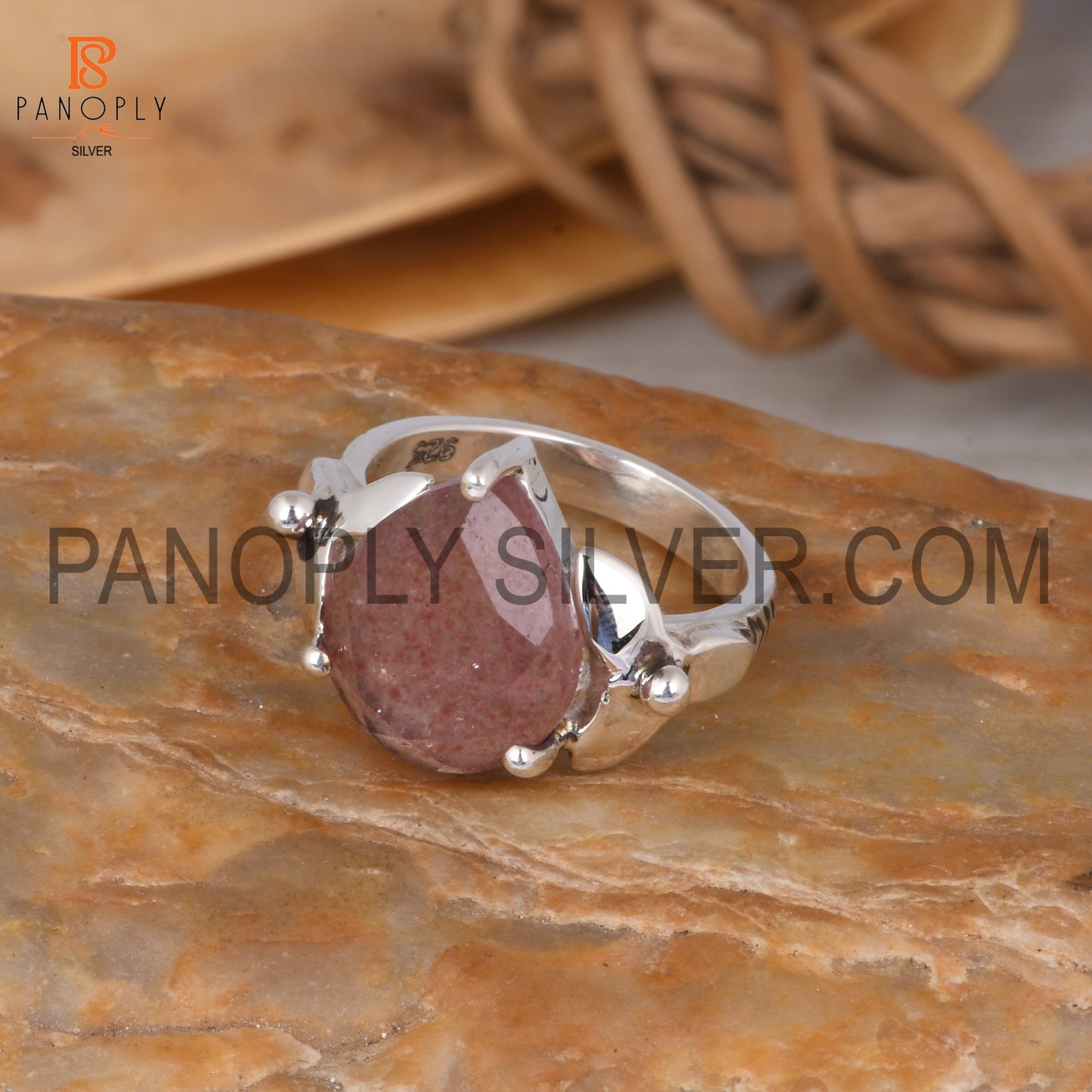 Strawberry Quartz Leaf Band Pear Shape Engagement Ring