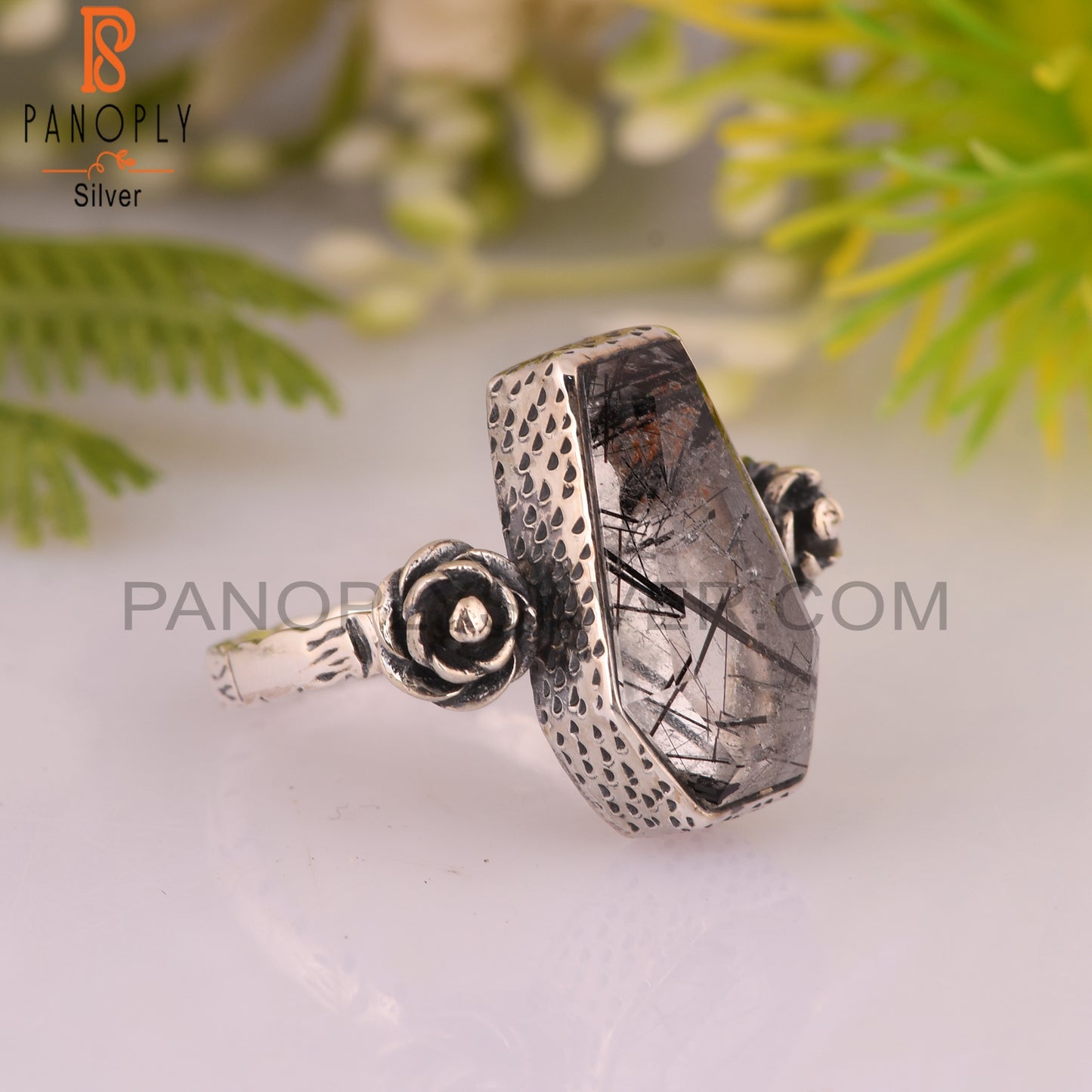 Black Rutile Coffin 925 Sterling Silver Ring