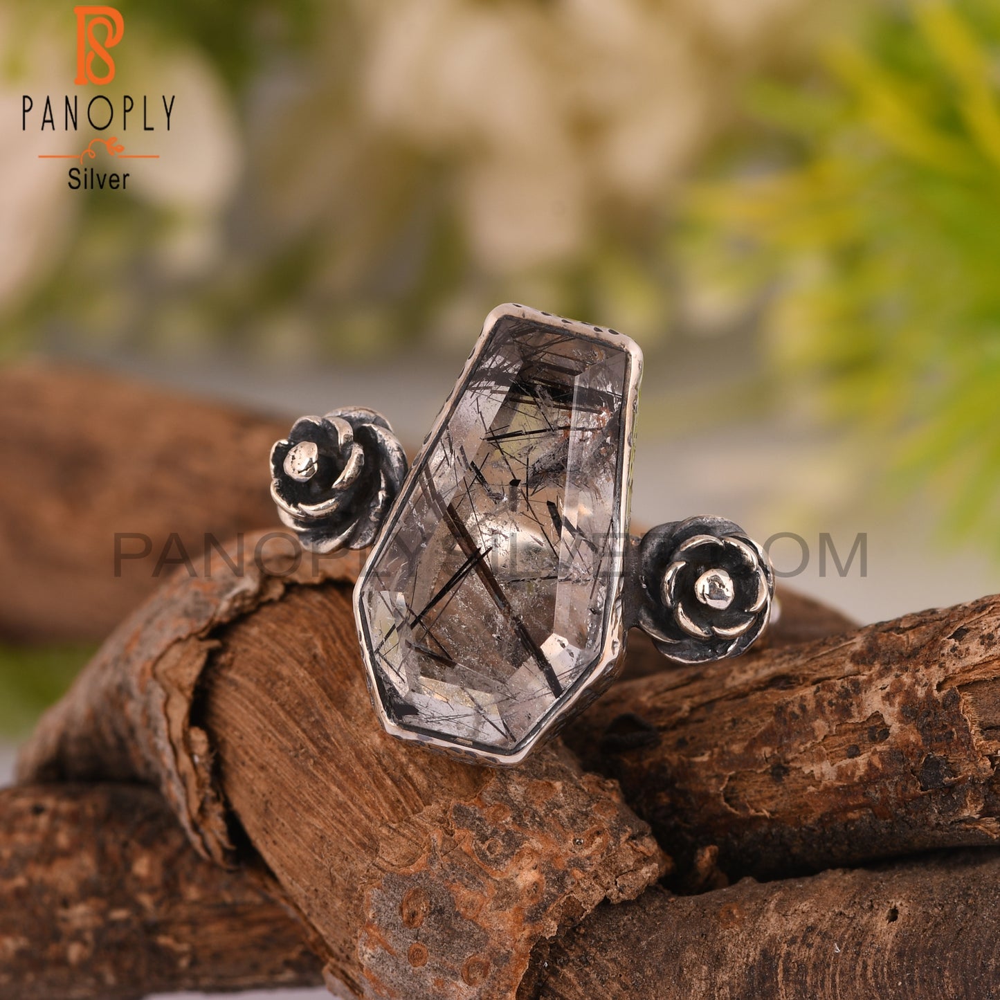 Black Rutile Coffin 925 Sterling Silver Ring