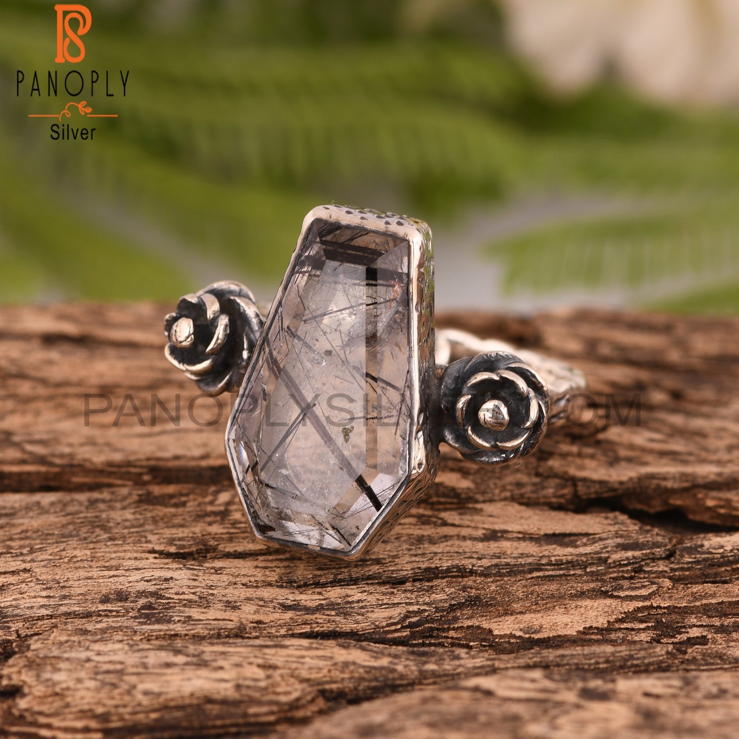 Black Rutile Coffin 925 Sterling Silver Ring
