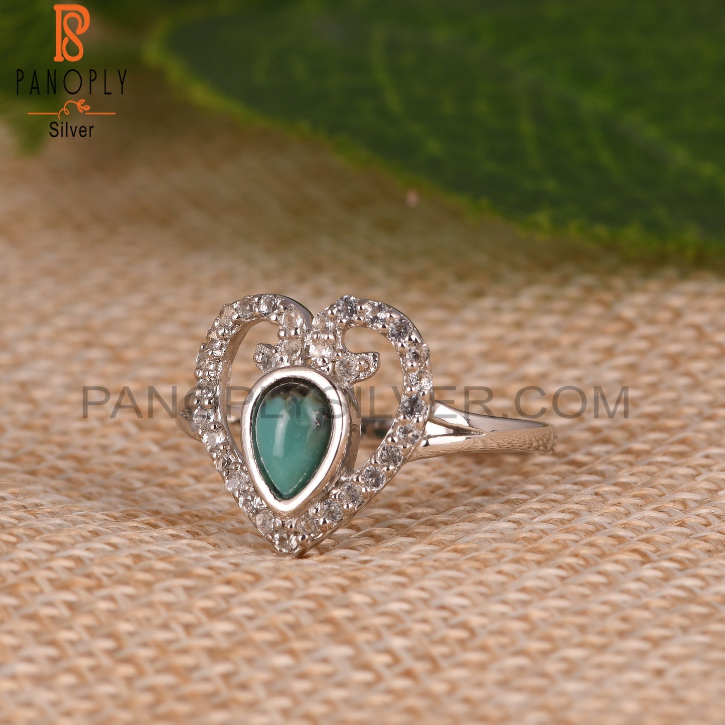 New Arizona Turquoise & White Topaz Pear 925 Silver Ring