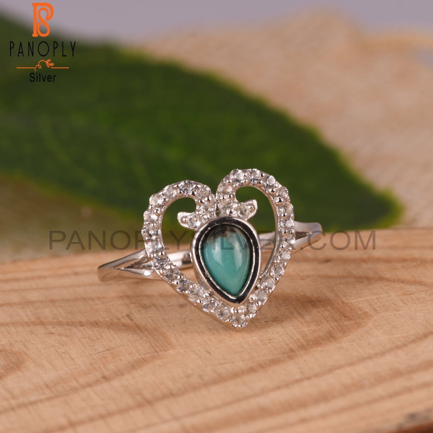 New Arizona Turquoise & White Topaz Pear 925 Silver Ring