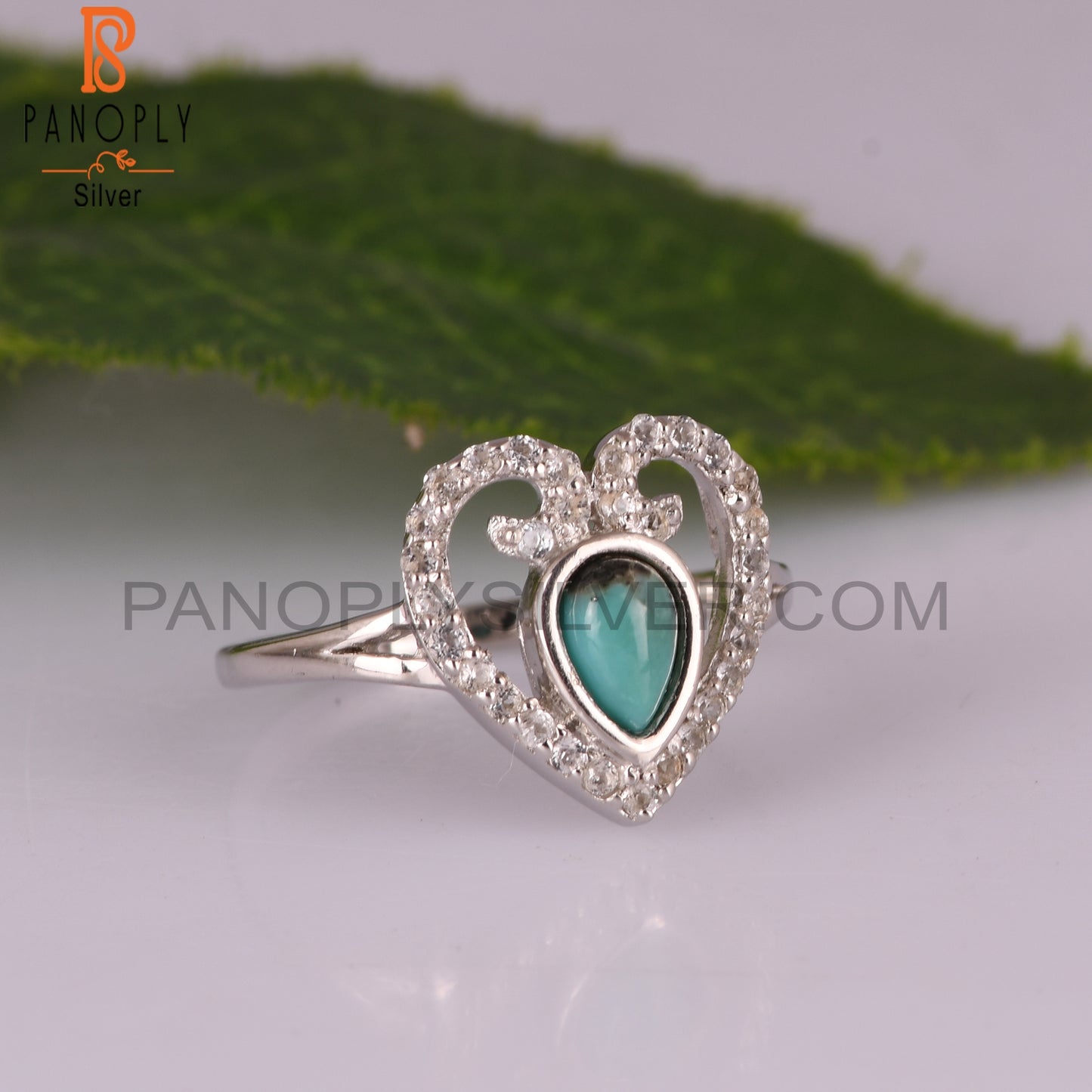 New Arizona Turquoise & White Topaz Pear 925 Silver Ring