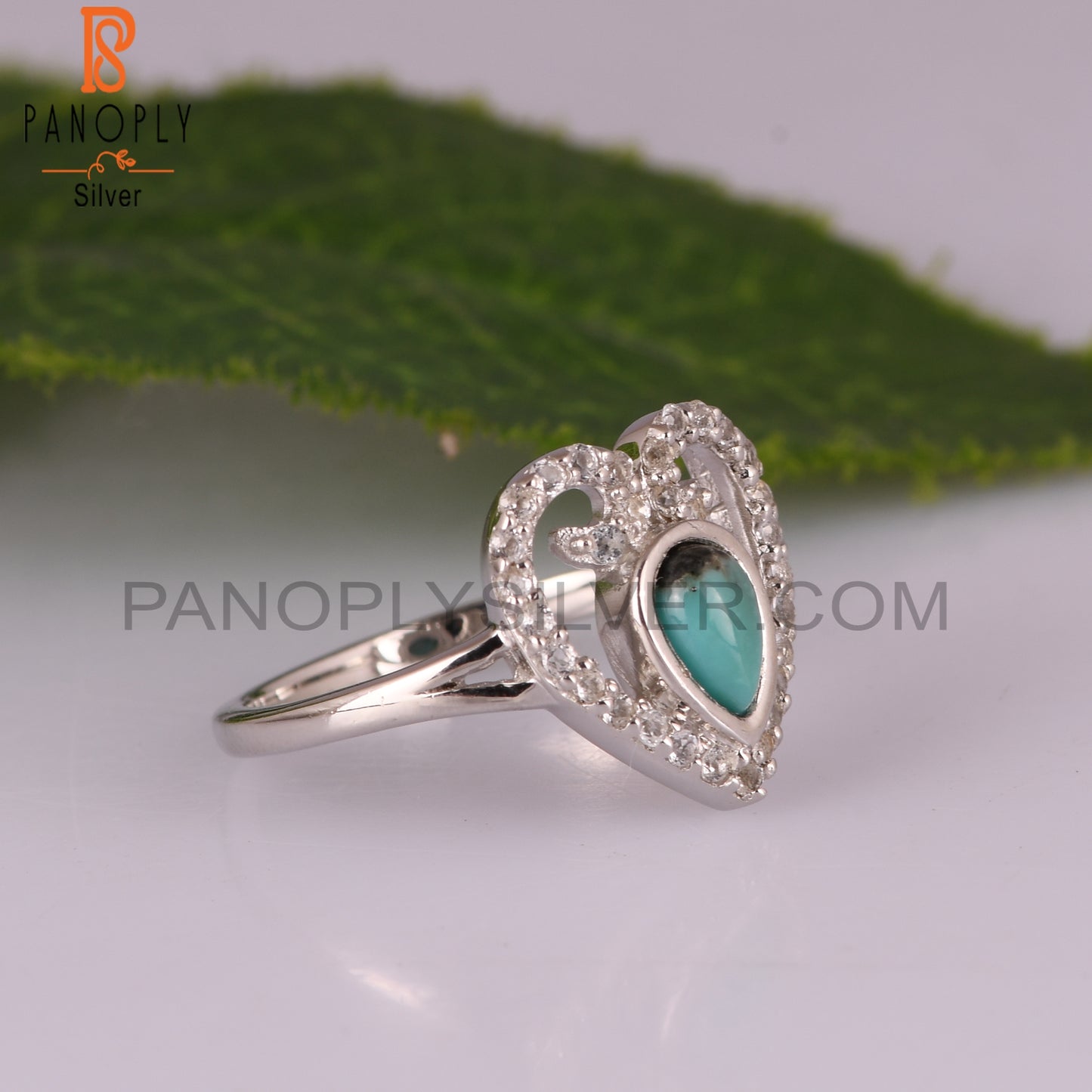 New Arizona Turquoise & White Topaz Pear 925 Silver Ring