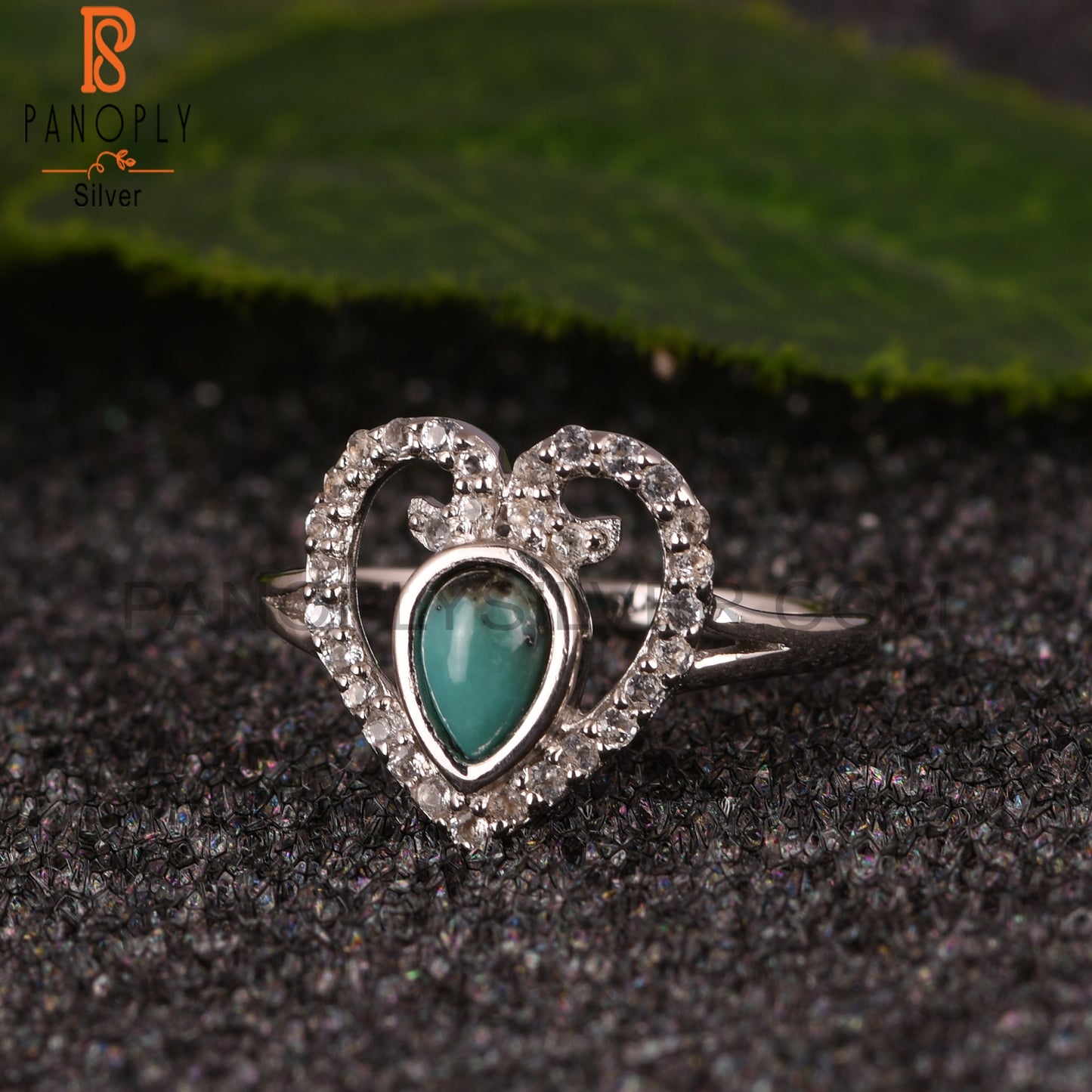 New Arizona Turquoise & White Topaz Pear 925 Silver Ring