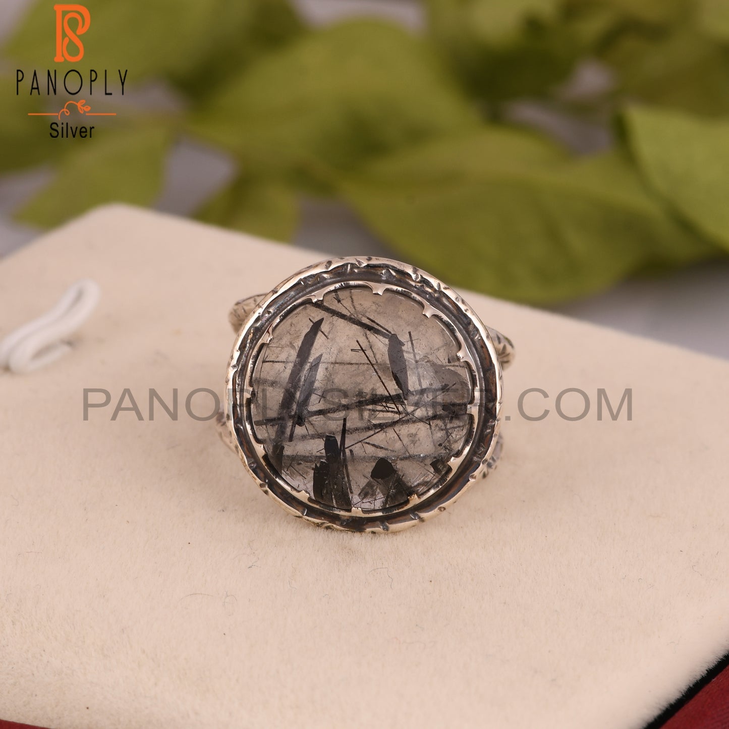 Black Rutile Ring Round 925 Sterling Silver Ring