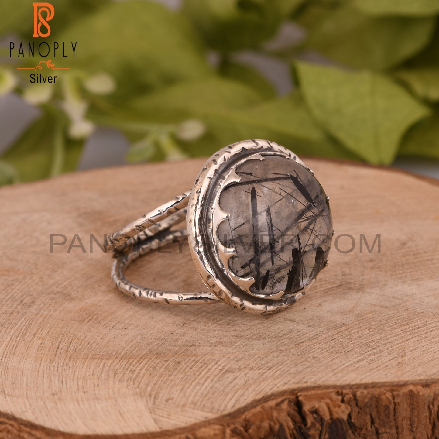 Black Rutile Ring Round 925 Sterling Silver Ring