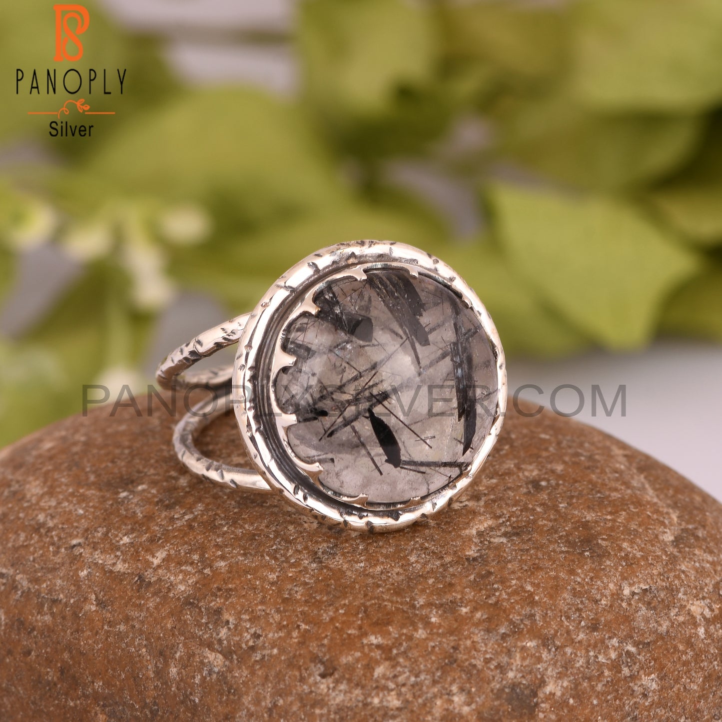 Black Rutile Ring Round 925 Sterling Silver Ring