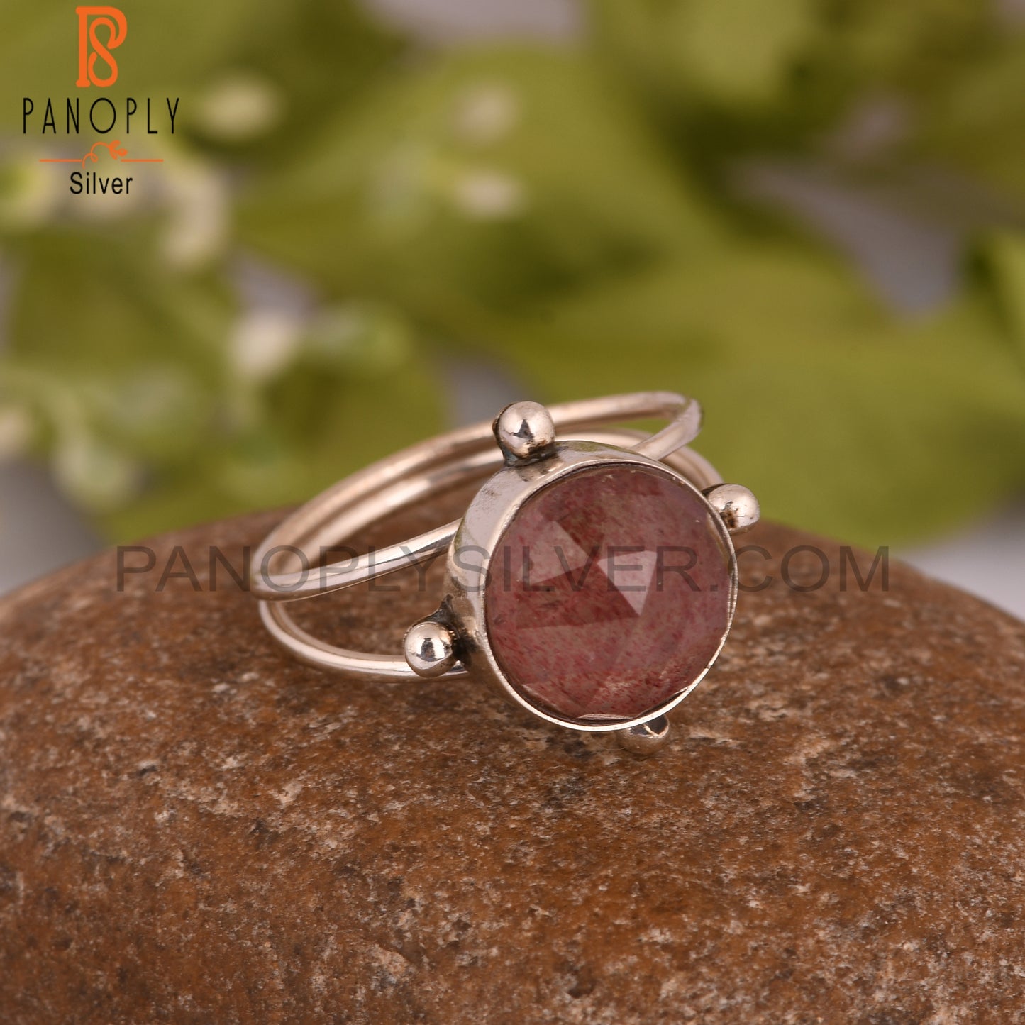 Strawberry Quartz Round 925 Sterling Silver Ring