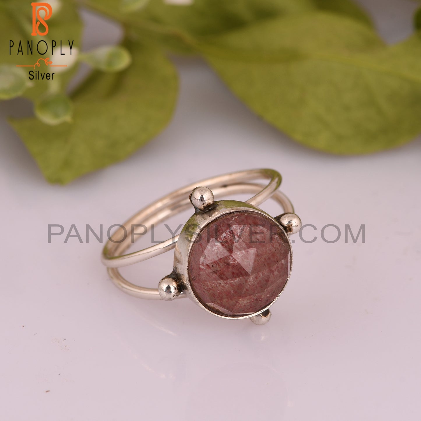Strawberry Quartz Round 925 Sterling Silver Ring