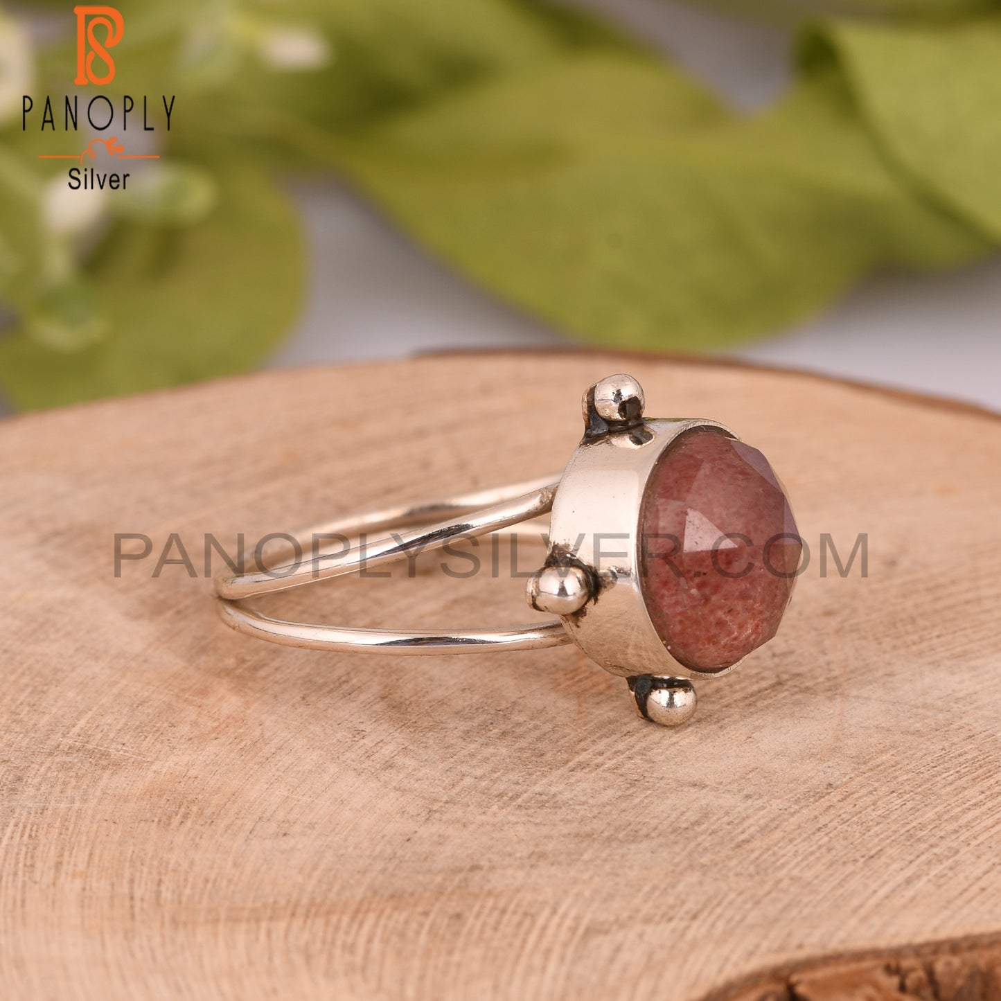 Strawberry Quartz Round 925 Sterling Silver Ring