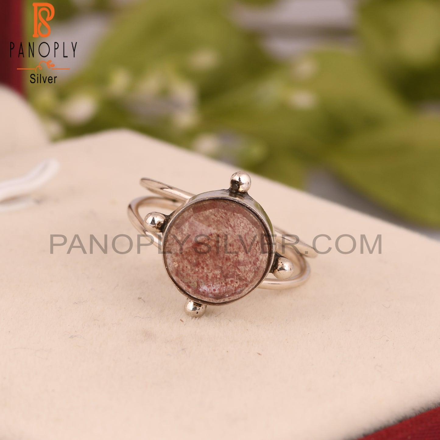 Strawberry Quartz Round 925 Sterling Silver Ring