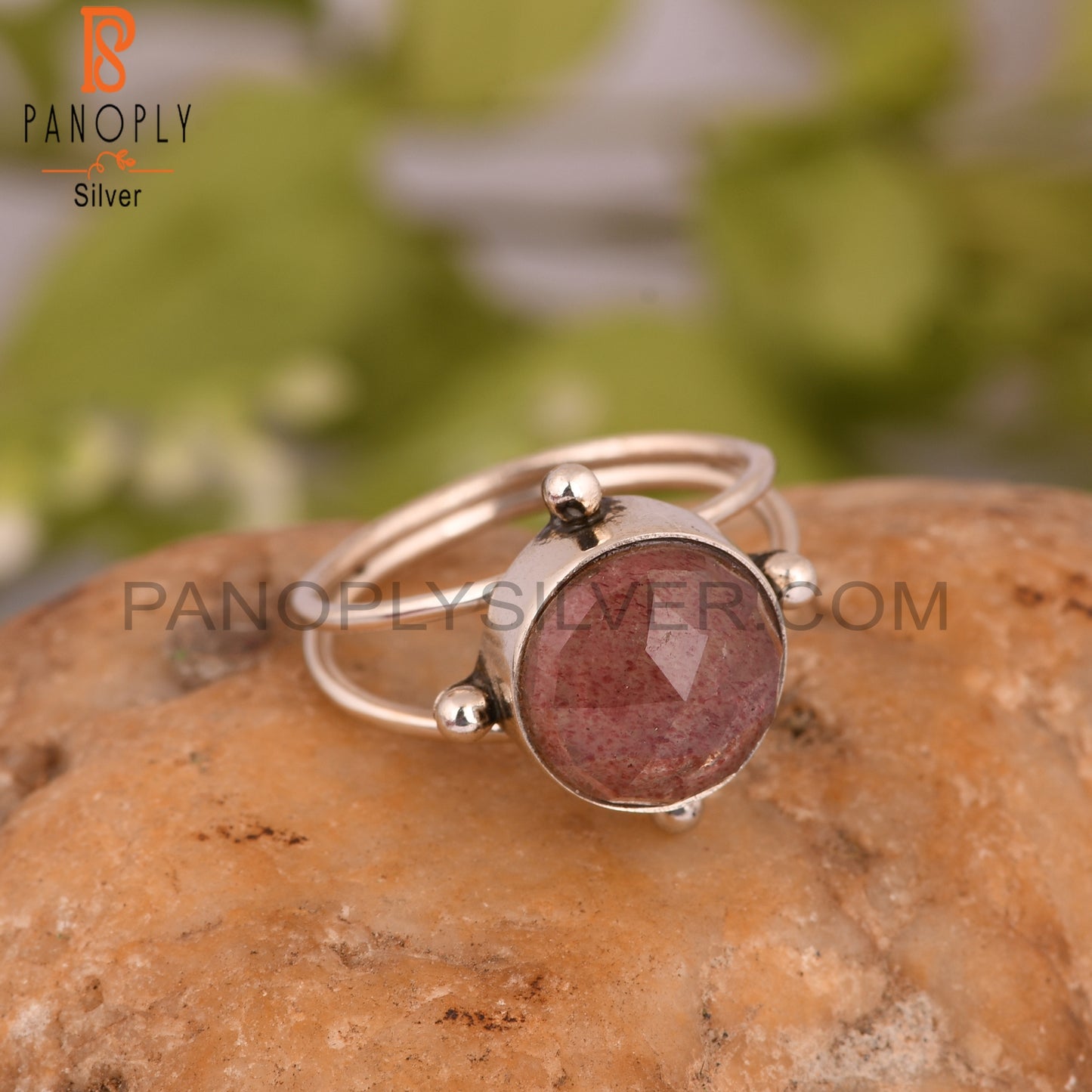 Strawberry Quartz Round 925 Sterling Silver Ring