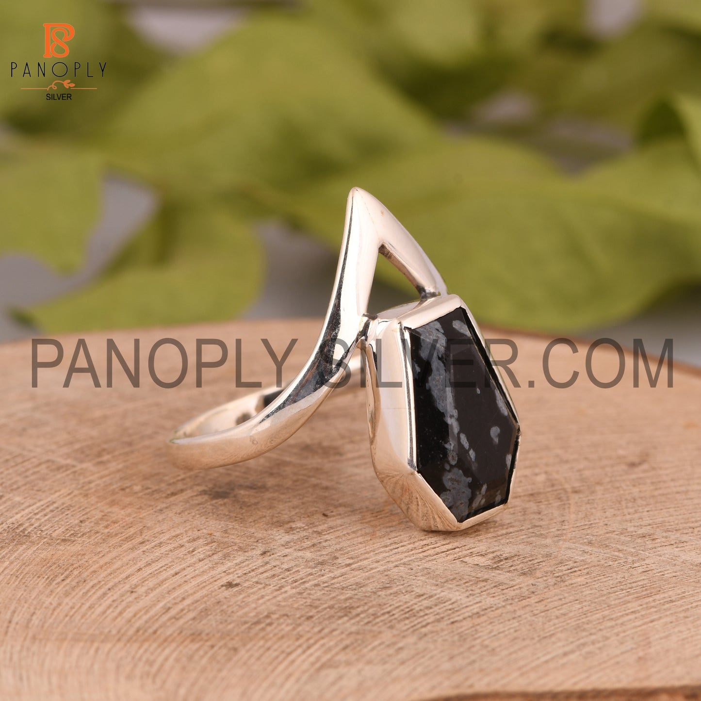 Sterling Silver Ring With A Snowflake Obsidian Coffin Cut