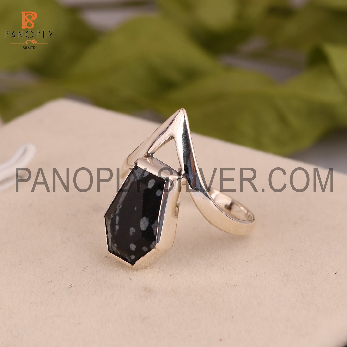Sterling Silver Ring With A Snowflake Obsidian Coffin Cut