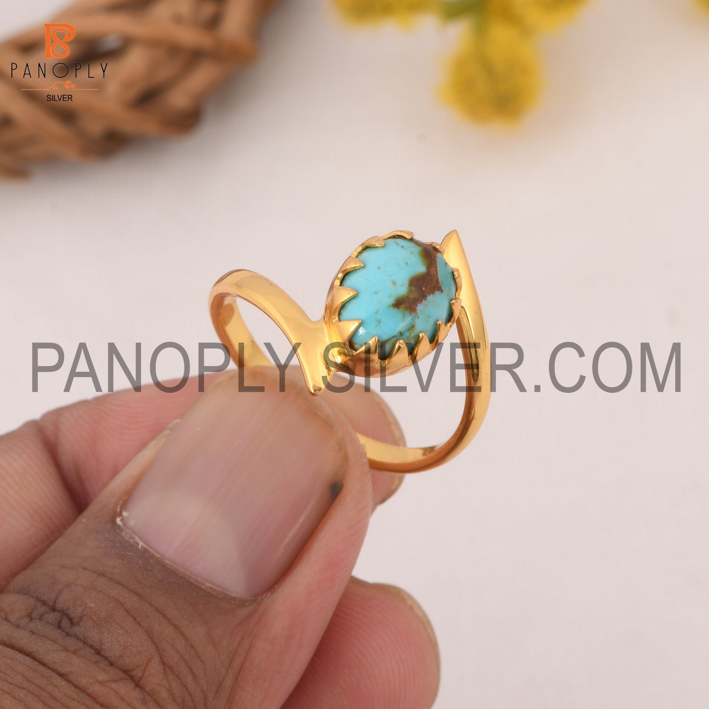 925 Quality Finding Kingman Turquoise By Pass Gold Rings