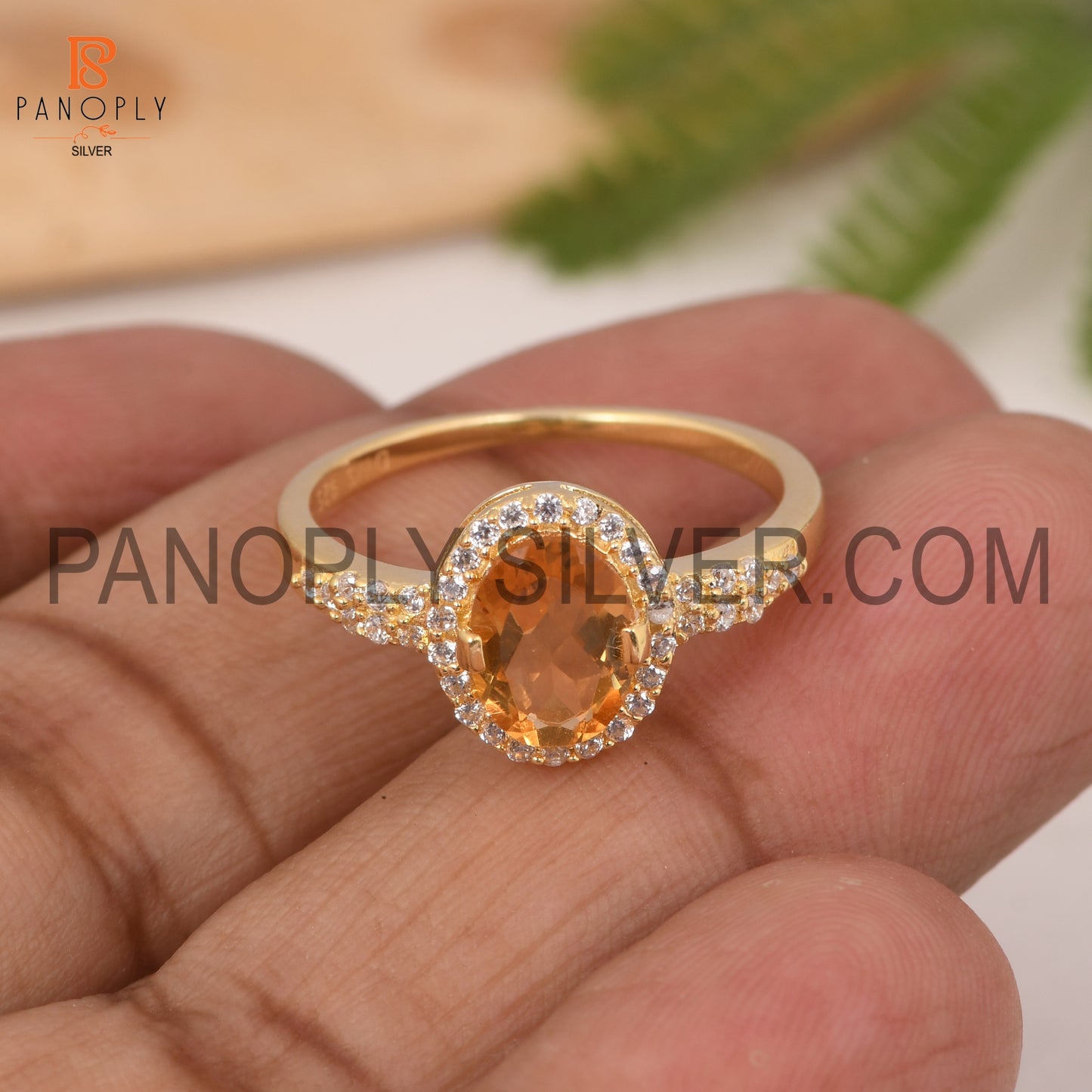 Citrine Ans CZ Gemstone 18k Gold Plated Wedding Band Ring