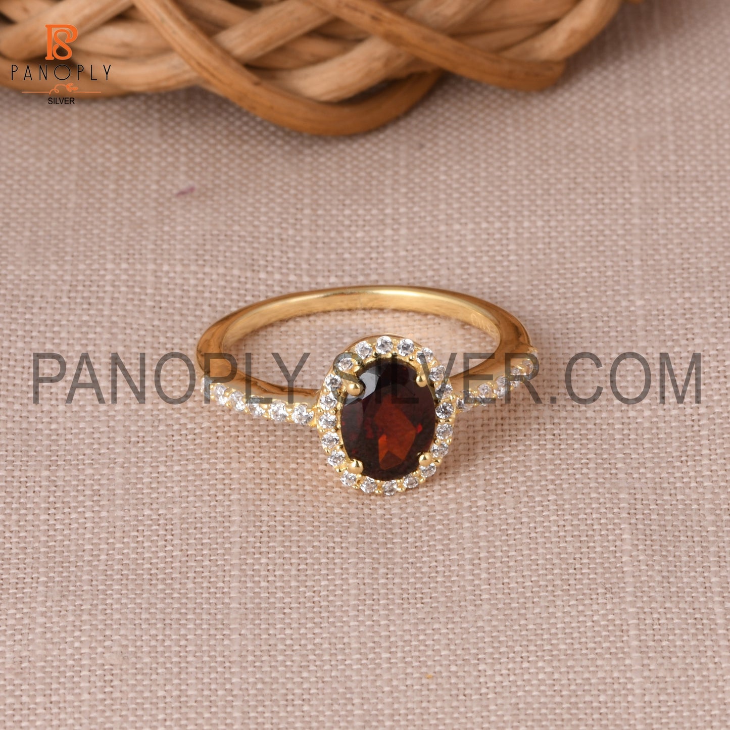 CZ Studded Garnet Gem Hello Wedding Ring