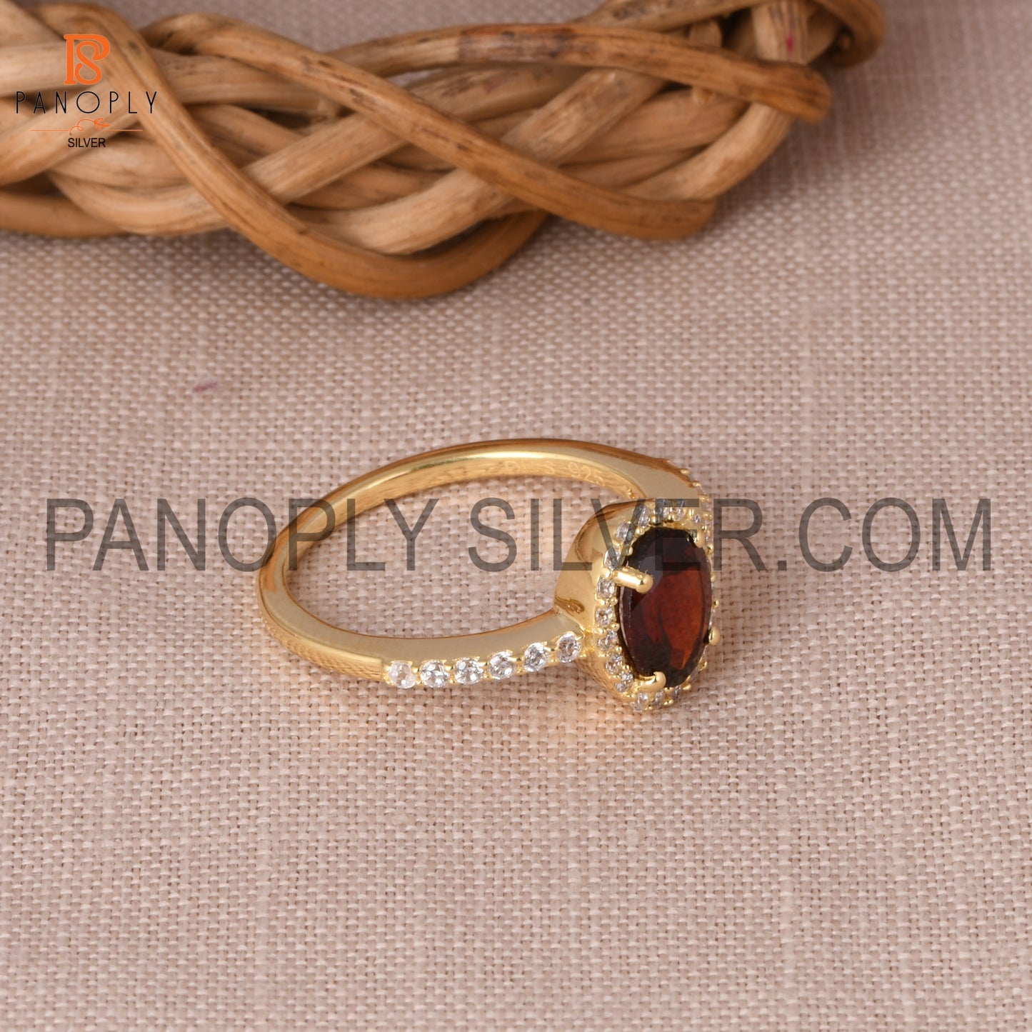 CZ Studded Garnet Gem Hello Wedding Ring