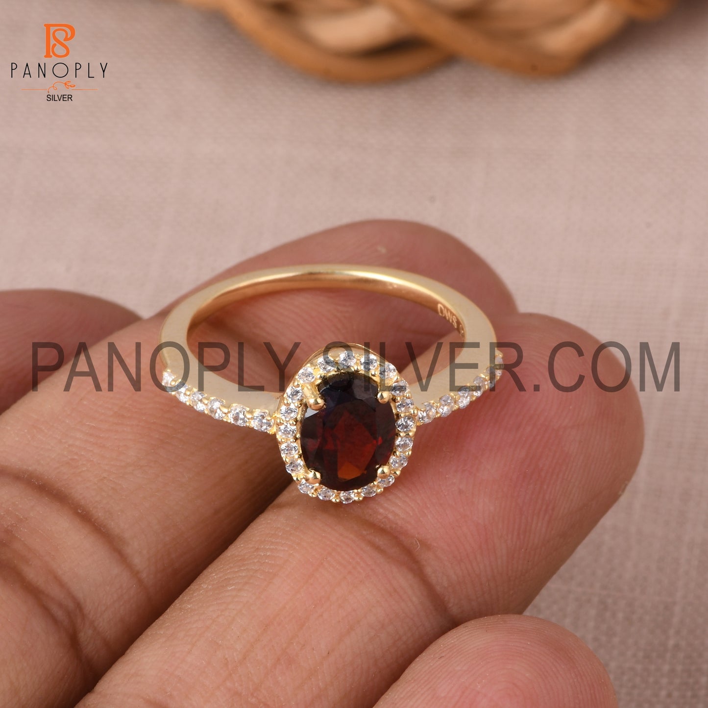 CZ Studded Garnet Gem Hello Wedding Ring