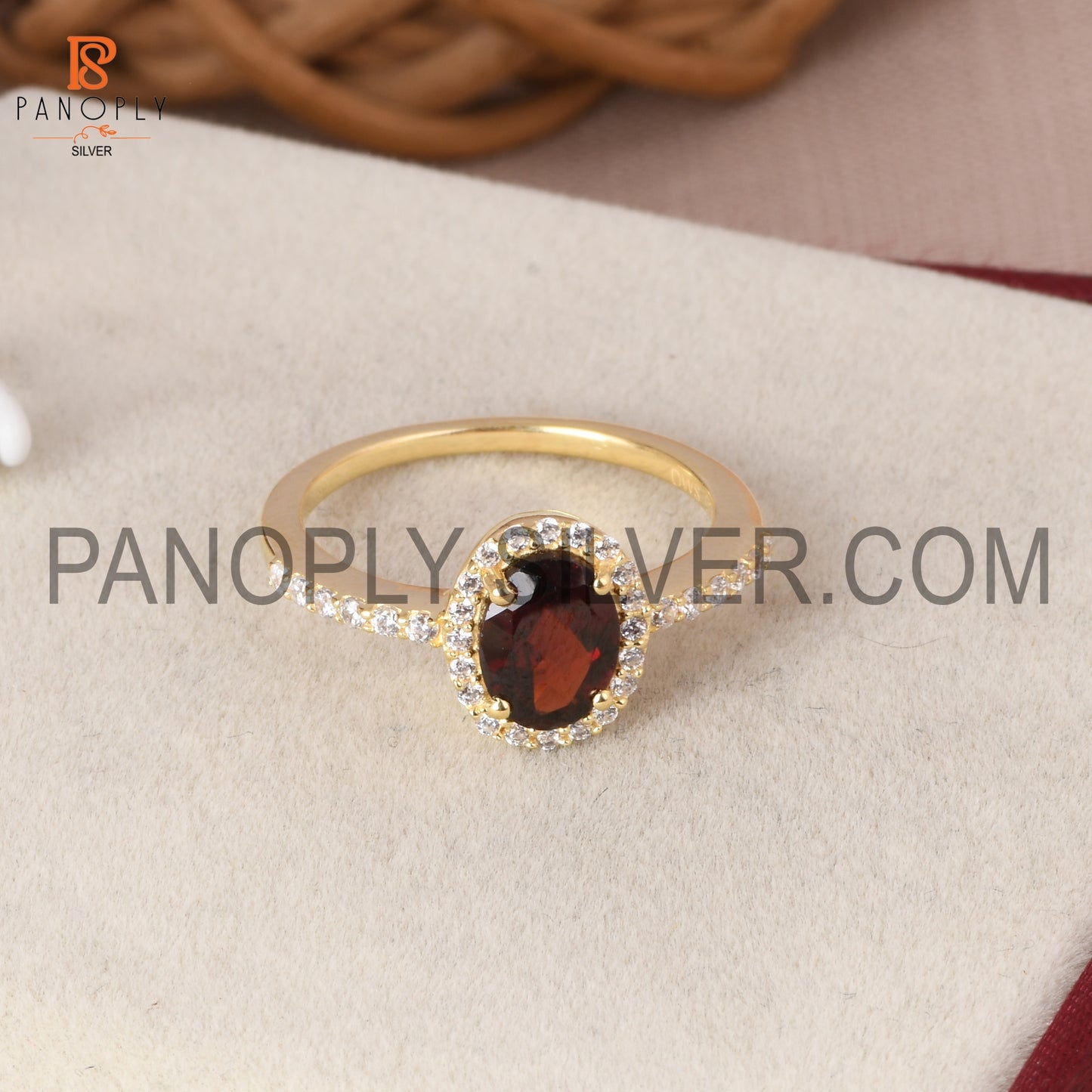 CZ Studded Garnet Gem Hello Wedding Ring