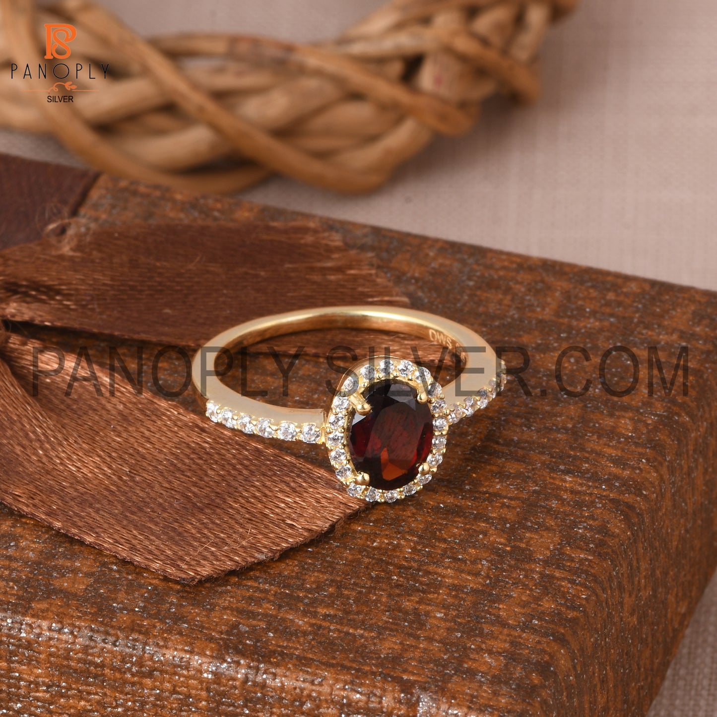 CZ Studded Garnet Gem Hello Wedding Ring