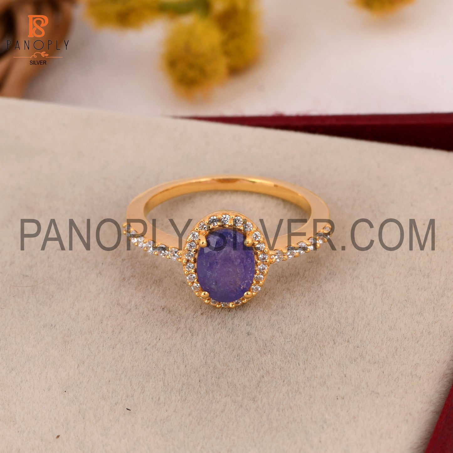 CZ Studded Garnet Tanzanite Hello Engagement Ring