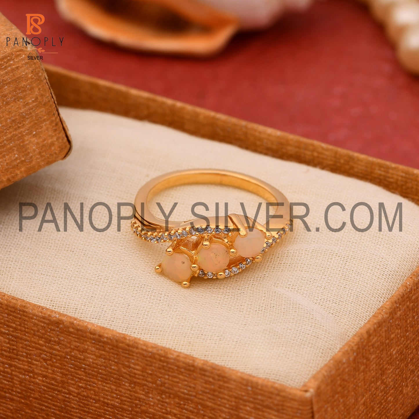 Ethiopian Opal & CZ 0.5 Micron Gold Plated By Pass Engagement Ring