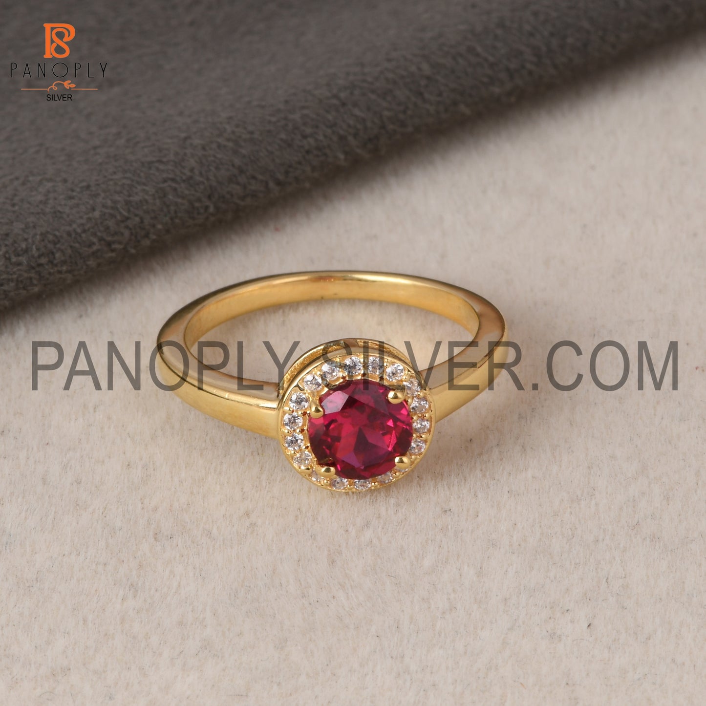 925 Sterling Silver 18K Gold Plated Round Ruby CZ Ring