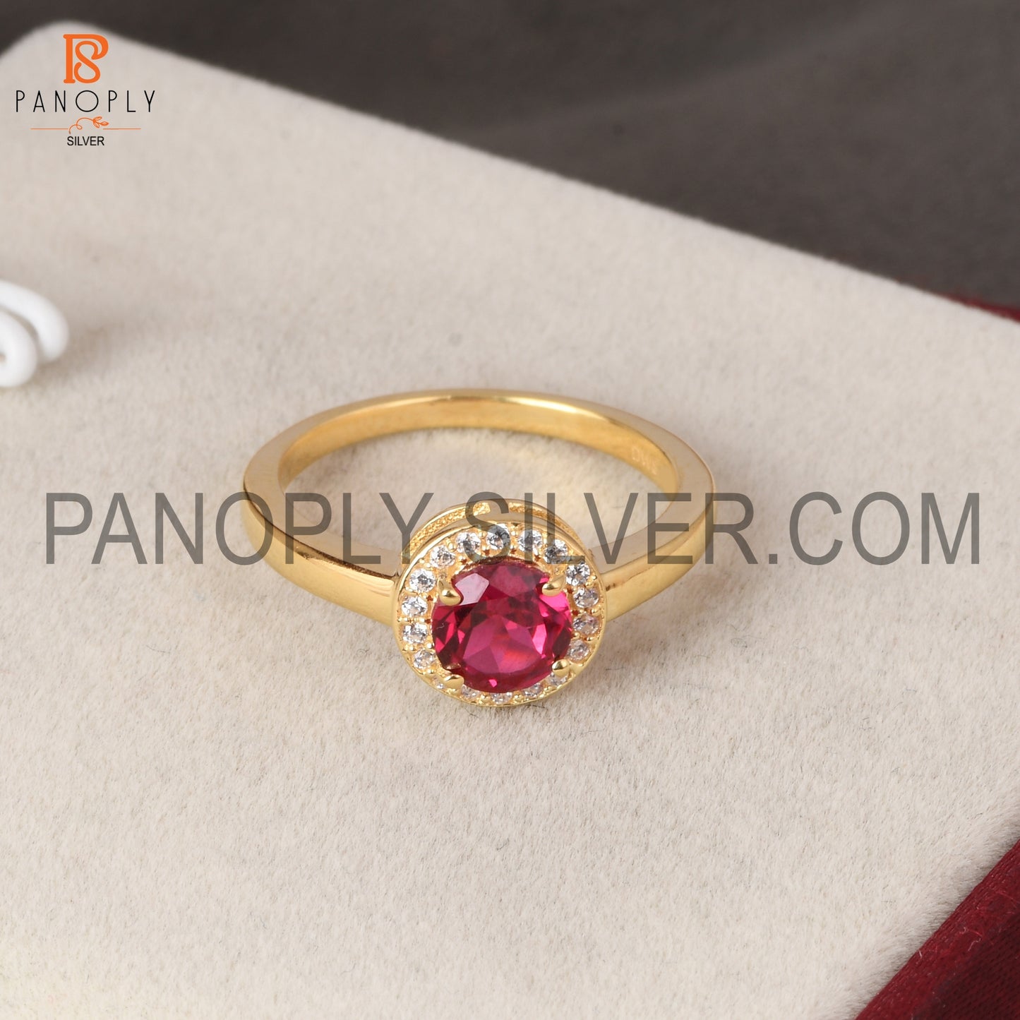 925 Sterling Silver 18K Gold Plated Round Ruby CZ Ring