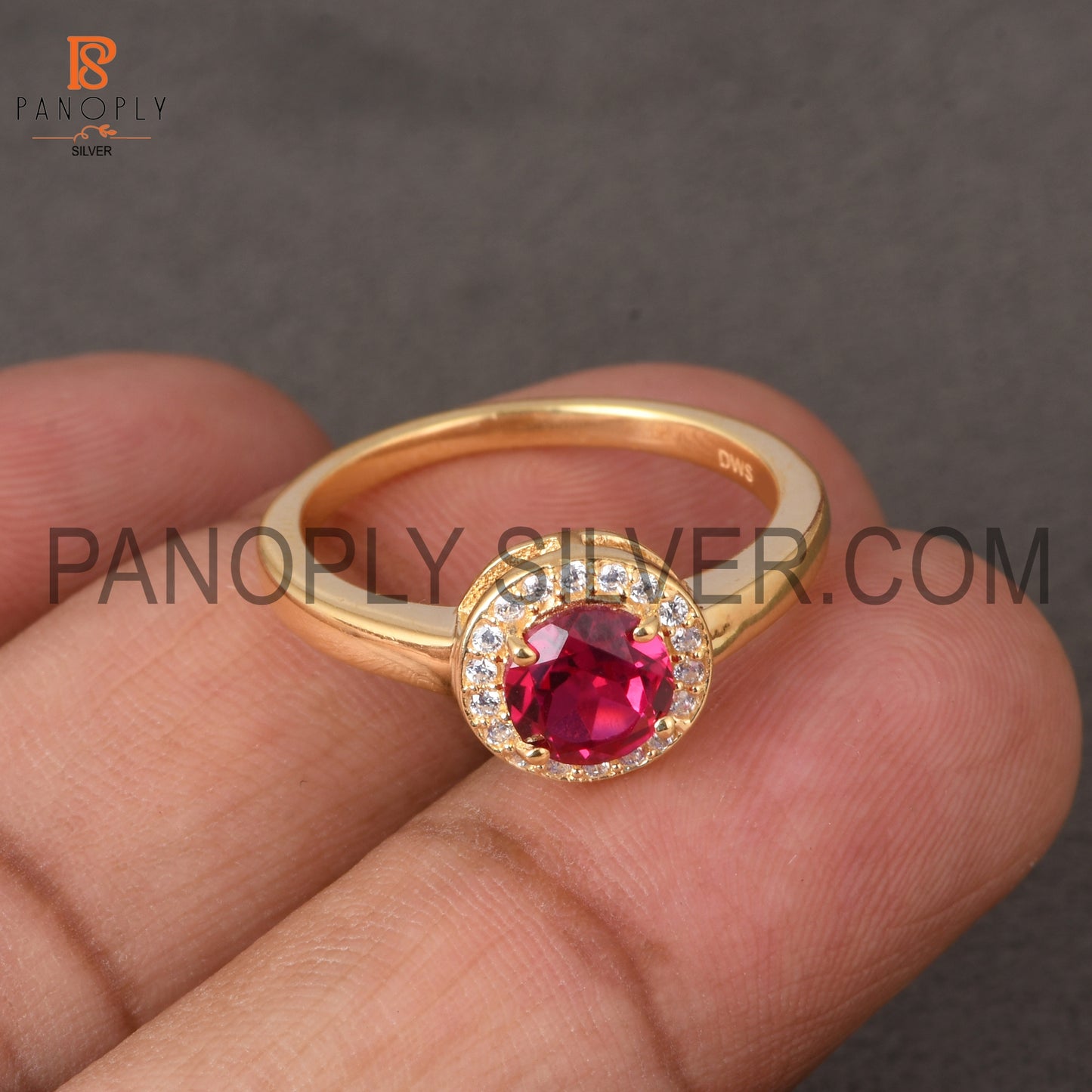 925 Sterling Silver 18K Gold Plated Round Ruby CZ Ring
