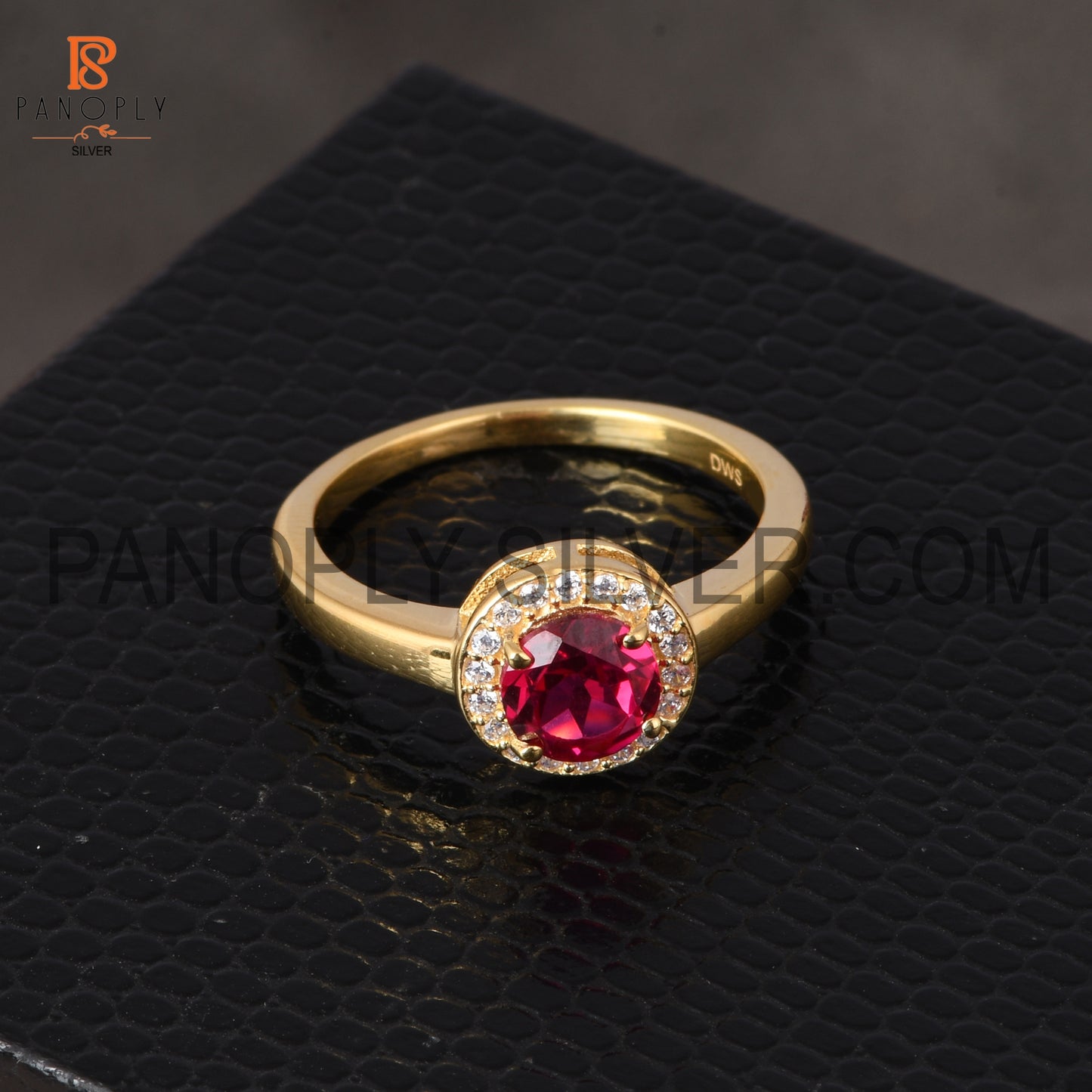 925 Sterling Silver 18K Gold Plated Round Ruby CZ Ring