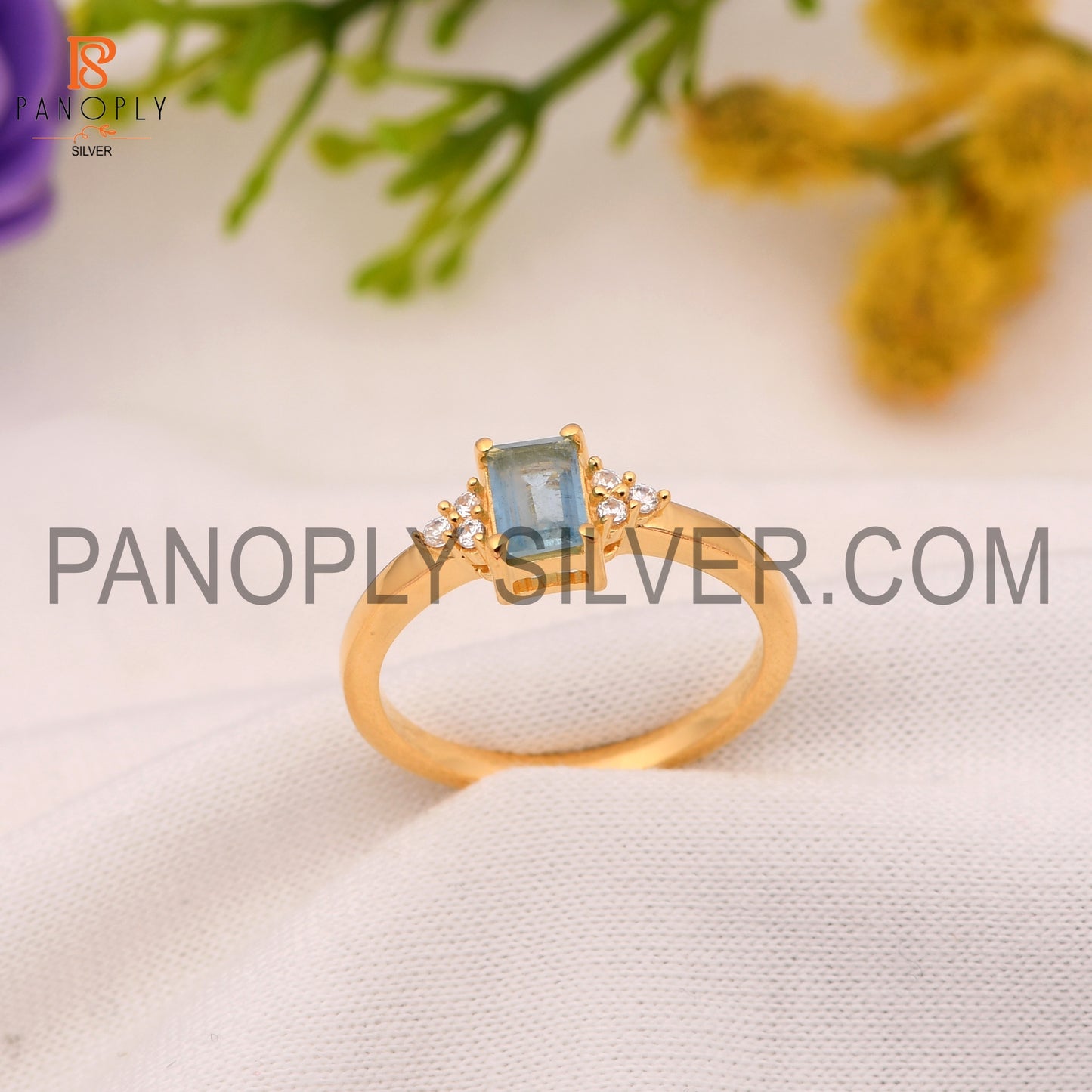 Aquamarine & Cubic Zirconia 0.5 Micron Gold Plated Engagement Rings