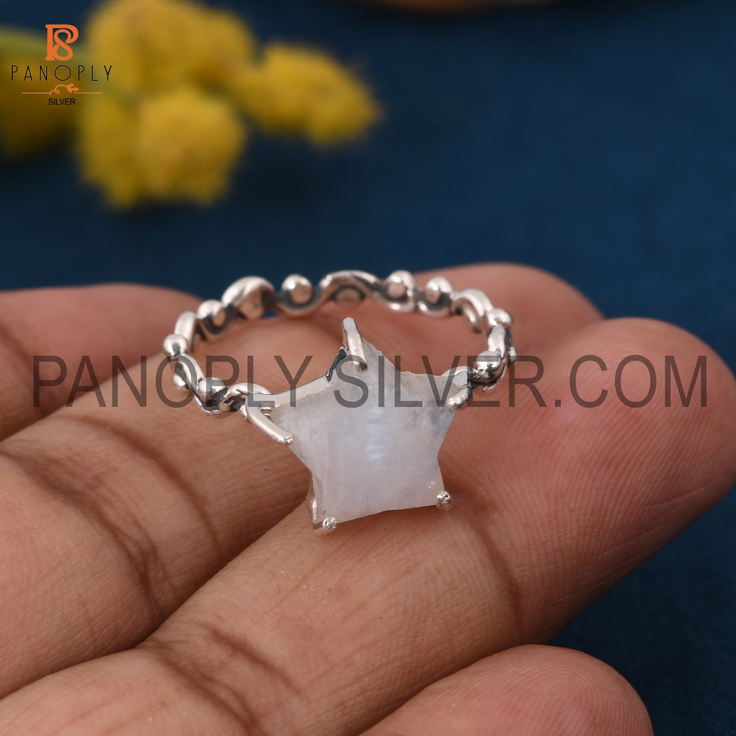 Rainbow Moonstone Star 925 Quality Silver Filigree Band Rings