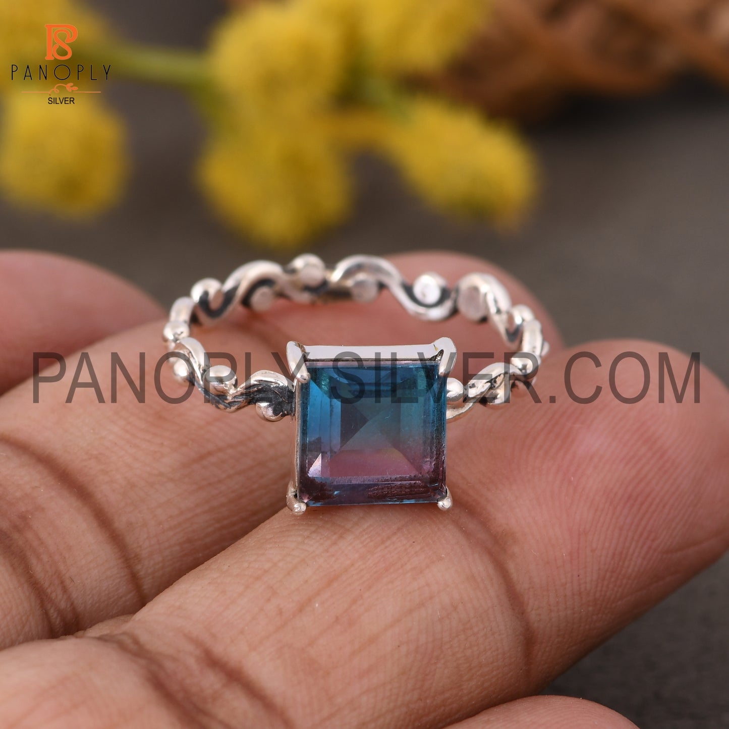 Square 925 Quality Prong Set Filigree Band Rings