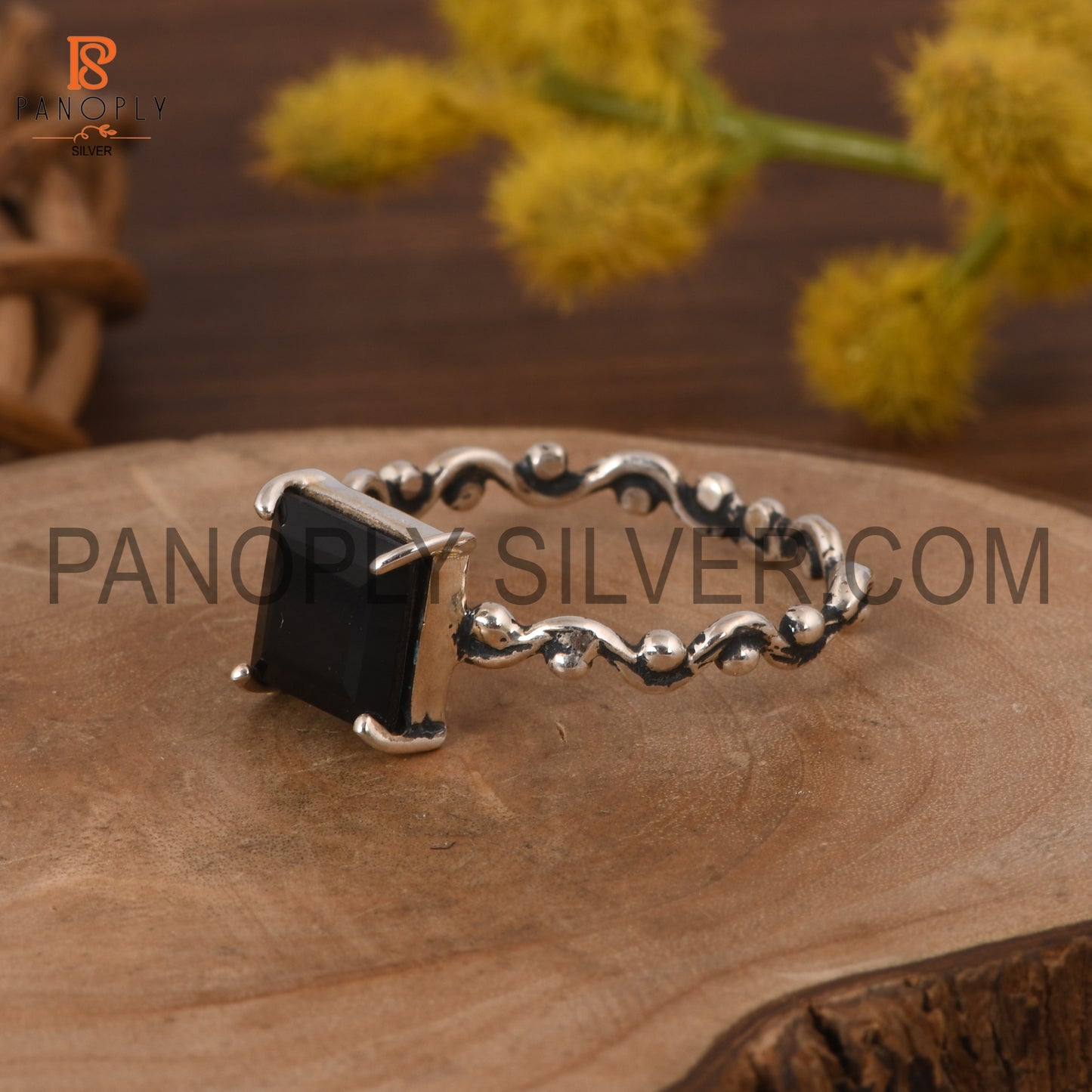 Black Onyx Square 925 Quality Prong Set Filigree Band Rings