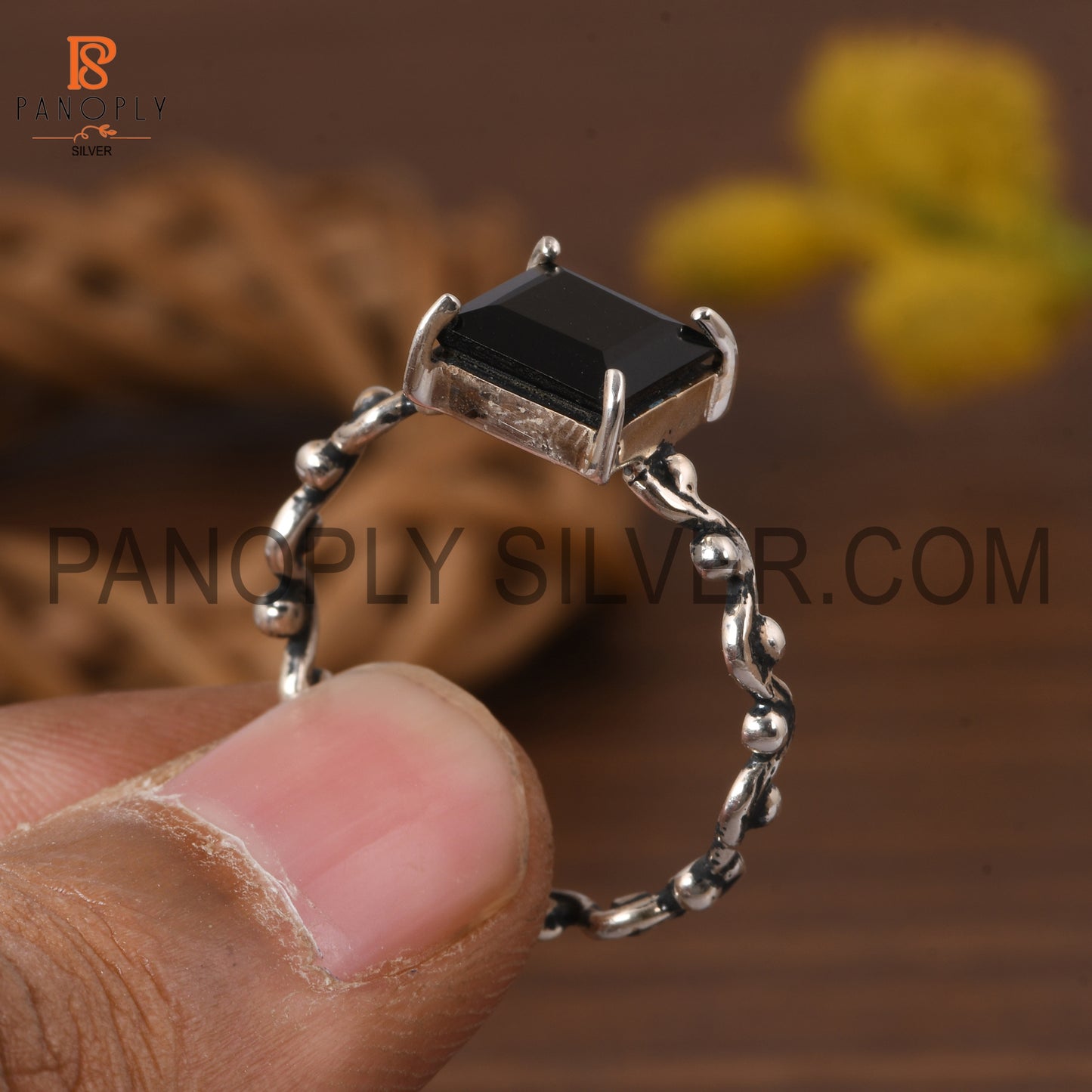 Black Onyx Square 925 Quality Prong Set Filigree Band Rings